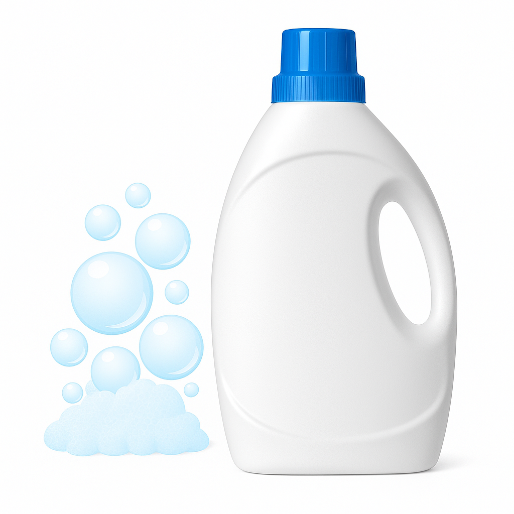 Waschmittel Flasche auf weißem Hintergrund – professionelle Reinigung mit frischem Duft für Gewerbe & Haushalt.