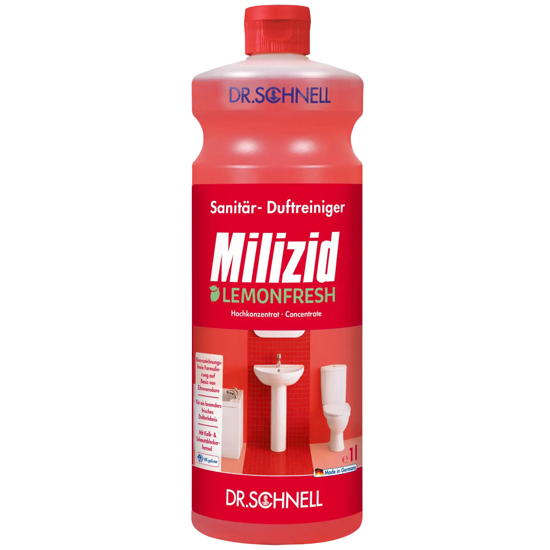 Dr. Schnell Milizid Lemonfresh Sanitärreiniger Dr. Schnell Milizid Lemonfresh Sanitärreiniger in der 1-Liter-Flasche für die professionelle Sanitäranlagenpflege