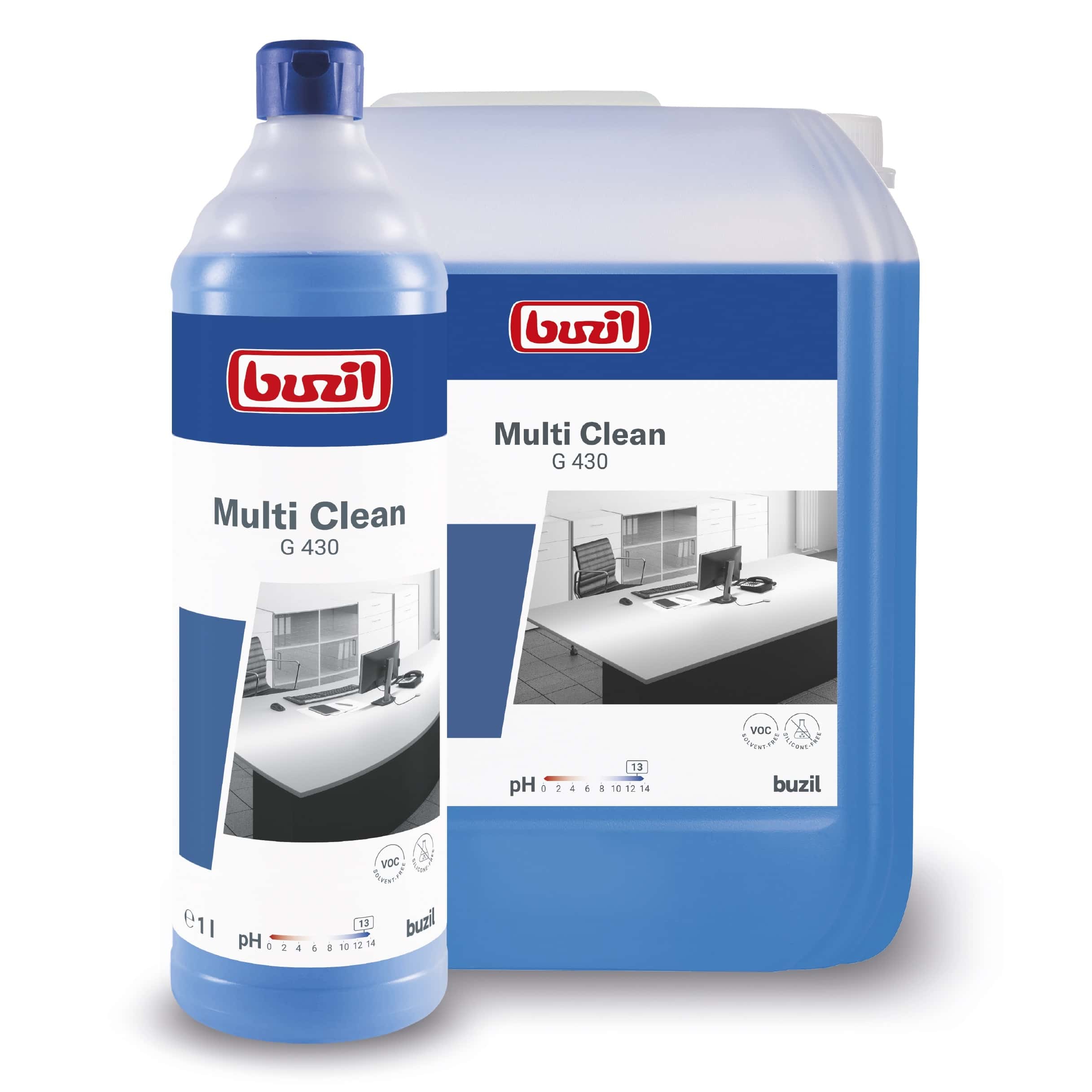 Buzil Multi Clean G 430 in Flasche und Kanister für die professionelle Reinigung von Oberflächen Buzil Multi Clean G 430 in Flasche und Kanister für die professionelle Reinigung von Oberflächen