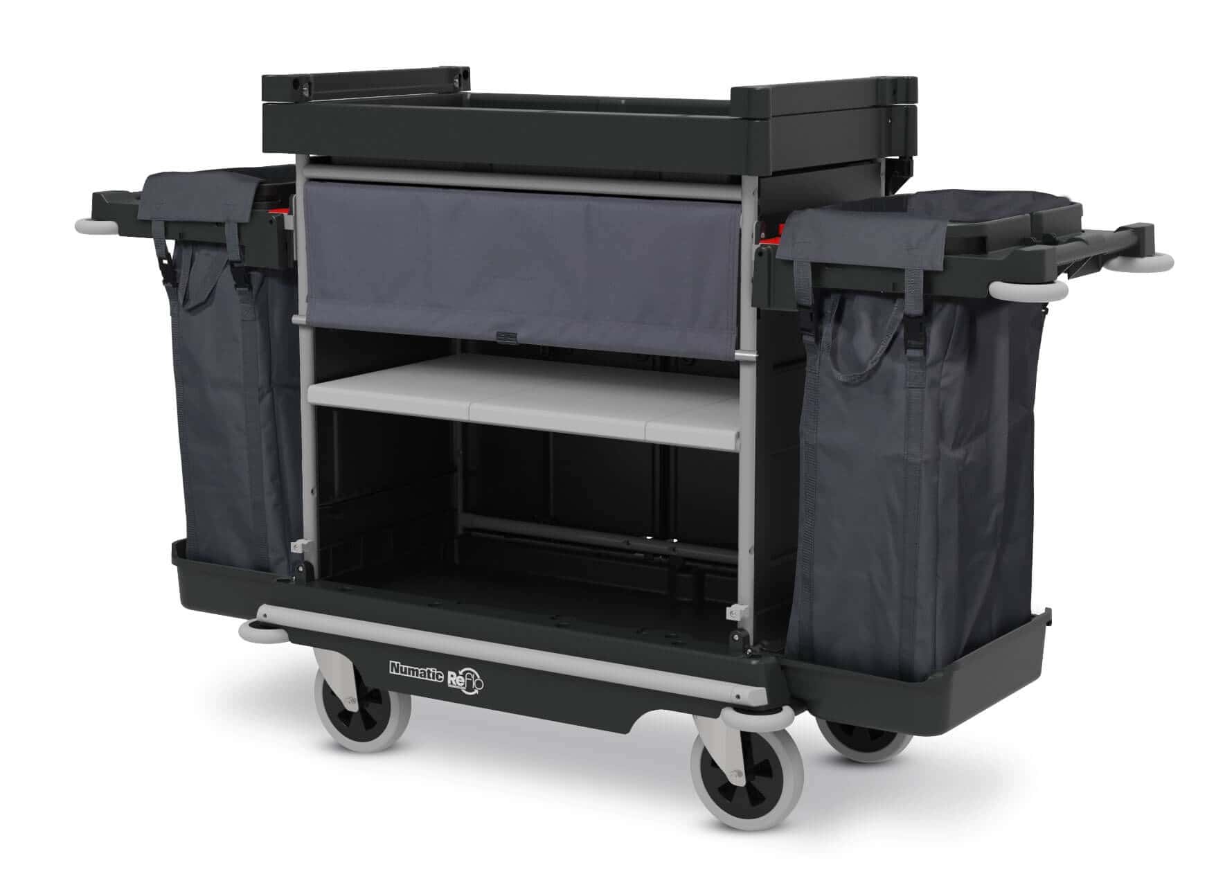 Numatic Reinigungswagen Numatic-Reinigungswagen mit zwei grauen Abfallsäcken und Ablageflächen für die professionelle Gebäudereinigung und -wartung