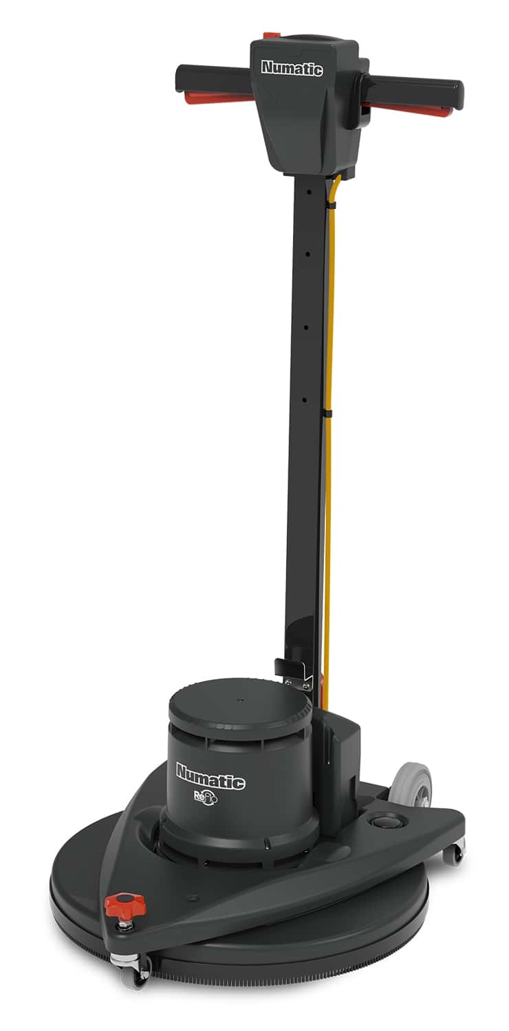 Numatic Einscheibenmaschine Numatic Einscheibenmaschine mit schwarzem Dreiecksgehäuse und langem Stiel für die professionelle Bodenreinigung im gewerblichen Einsatz
