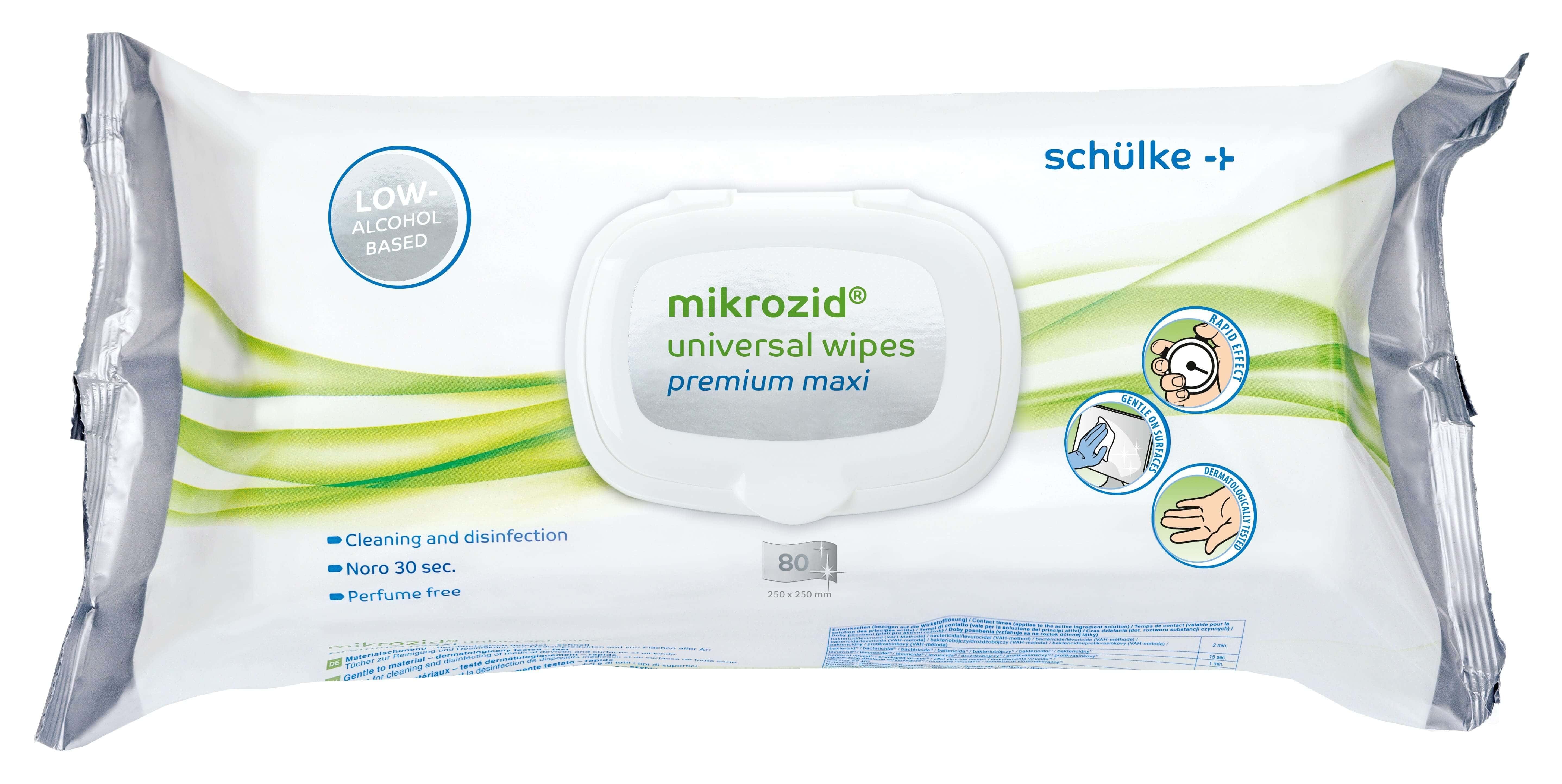 Schulke Mikrozid Universal Wipes Premium Maxi Schulke Mikrozid Universaltücher Premium Maxi in der weißen wiederverschließbaren Packung für professionelle Flächendesinfektionsaufgaben