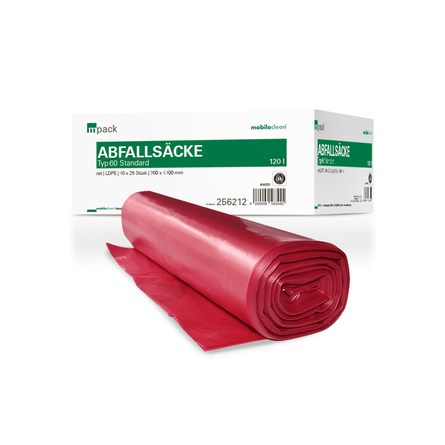 Roter Abfallsack auf Rolle von mobiloclean, Typ 60 Standard, 120 Liter, vor weiterer Verpackung Roter Abfallsack auf Rolle von mobiloclean, Typ 60 Standard, 120 Liter, vor weiterer Verpackung
