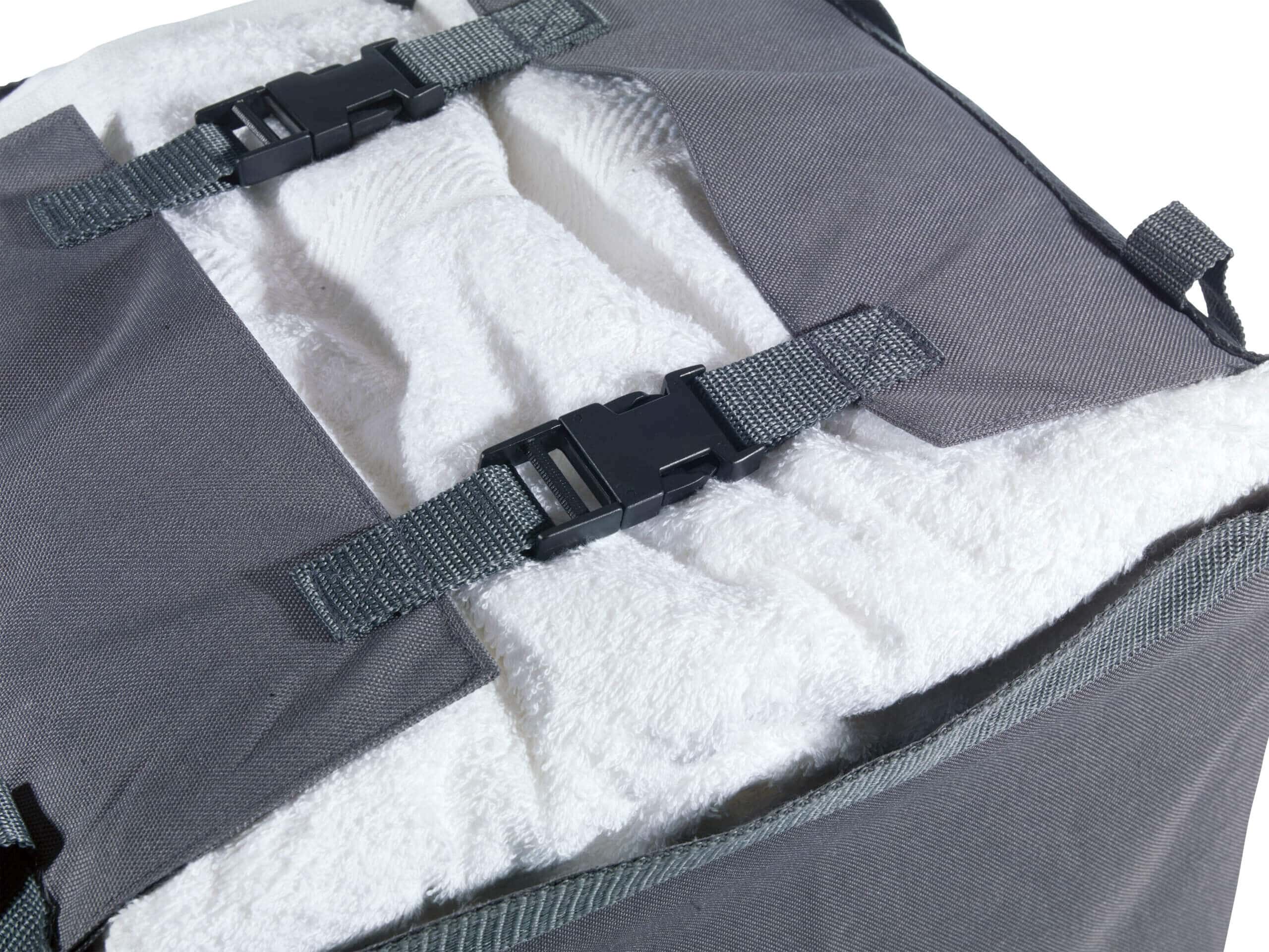 Grauer Wäschesack für Reinigungswagen Grauer Wäschesack für Reinigungswagen mit weißem Textileinsatz und schwarzen Kunststoff-Schnallenverschlüssen für die Gebäudereinigung