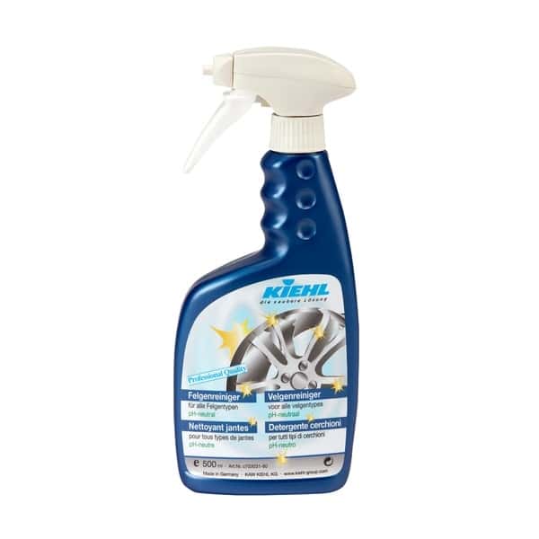 Kiehl Felgenreiniger in blauer Sprühflasche mit weißem Sprühkopf und mehrsprachigem Etikett Kiehl Felgenreiniger in blauer Sprühflasche mit weißem Sprühkopf und mehrsprachigem Etikett