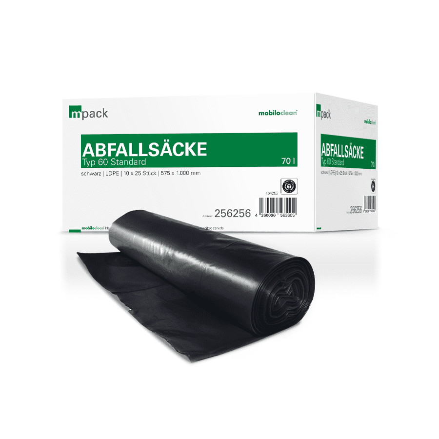 Impack Müllsäcke Typ 60 Standard, schwarze Abfallsäcke auf Rolle mit weißer Verpackung für Abfallentsorgung Impack Müllsäcke Typ 60 Standard, schwarze Abfallsäcke auf Rolle mit weißer Verpackung für Abfallentsorgung