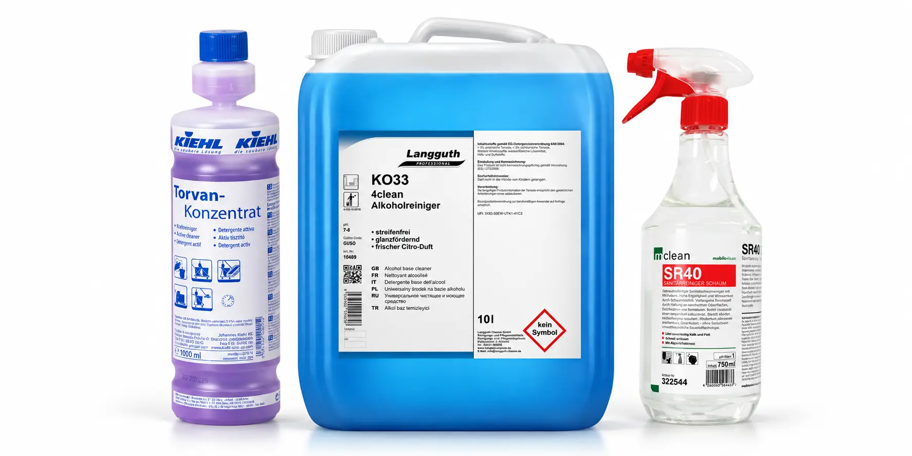 Kiehl Reinigungskonzentrat, Langguth Alkoholreiniger im Kanister und mclean Sprühflasche