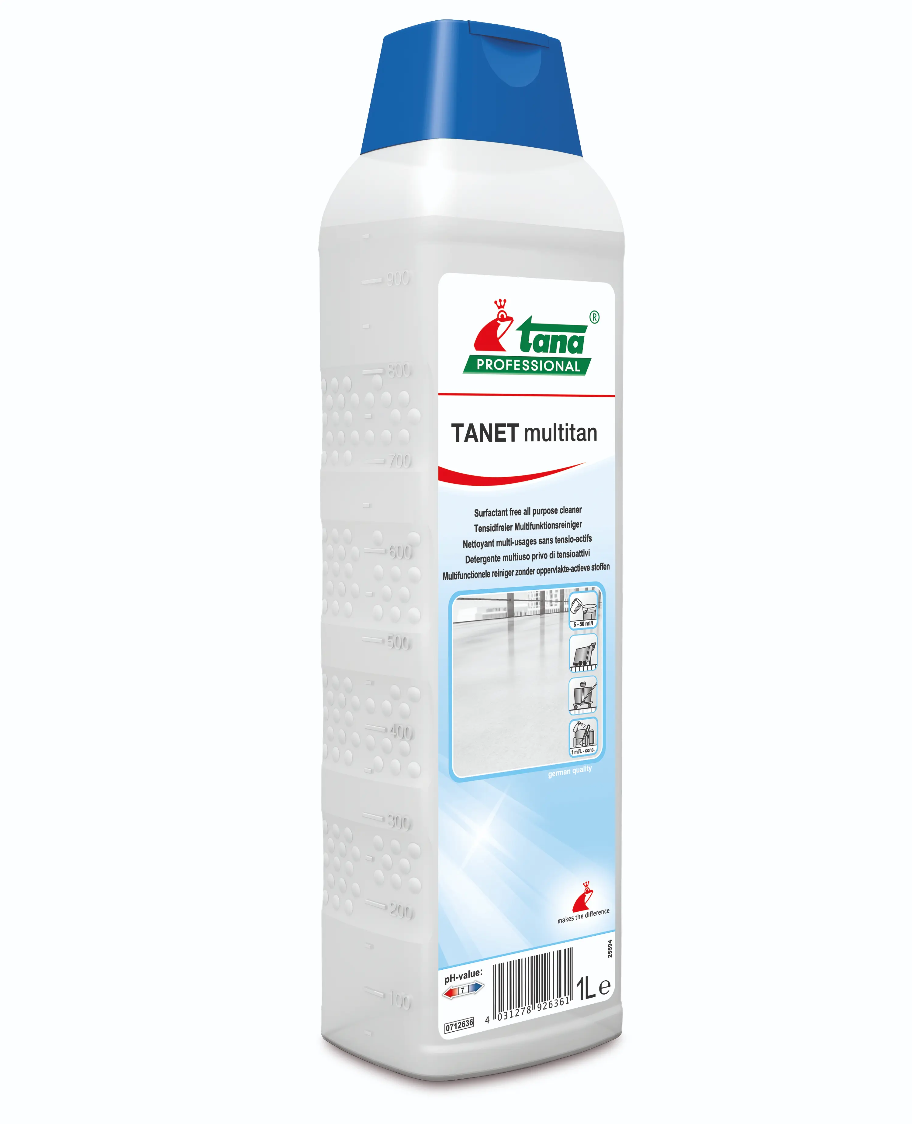 Tana TANET multitan Allzweckreiniger in der 1-Liter-Flasche mit blauem Verschluss.