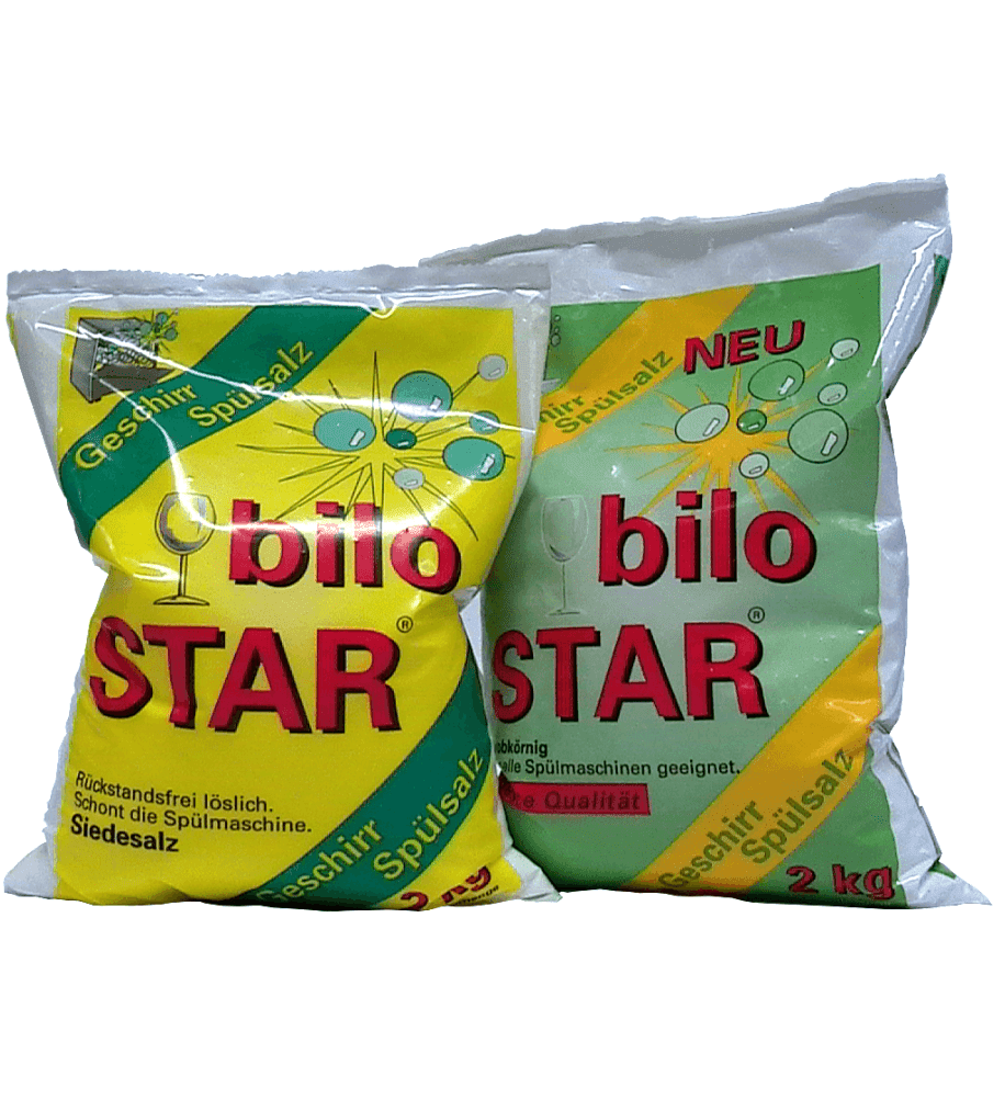 Bilo Star Spülmaschinensalz 2kg Zwei Beutel Bilo Star Geschirrspülsalz in gelber und grüner Verpackung mit einem Zwei-Kilogramm-Gewicht für die maschinelle Reinigung