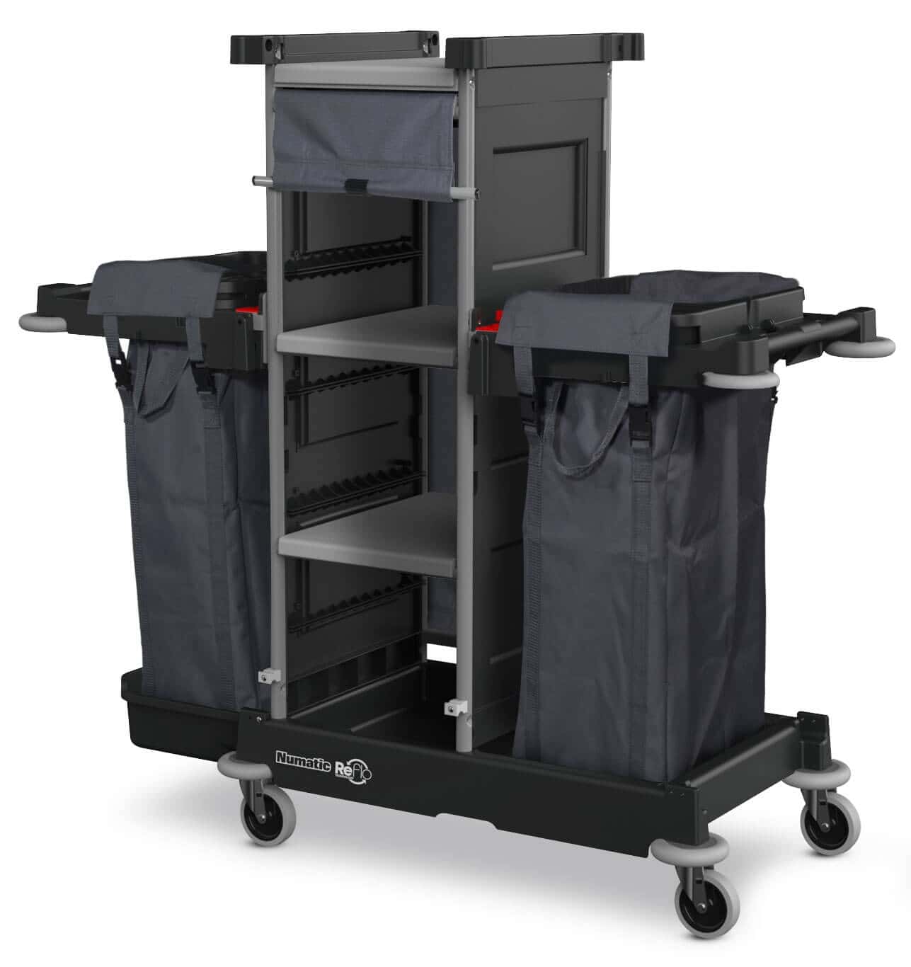 Numatic Profi-Reinigungswagen Numatic-Reinigungswagen mit grauen Ablageflächen und zwei seitlichen Abfallbeuteln für professionelle Gebäudewartungsaufgaben