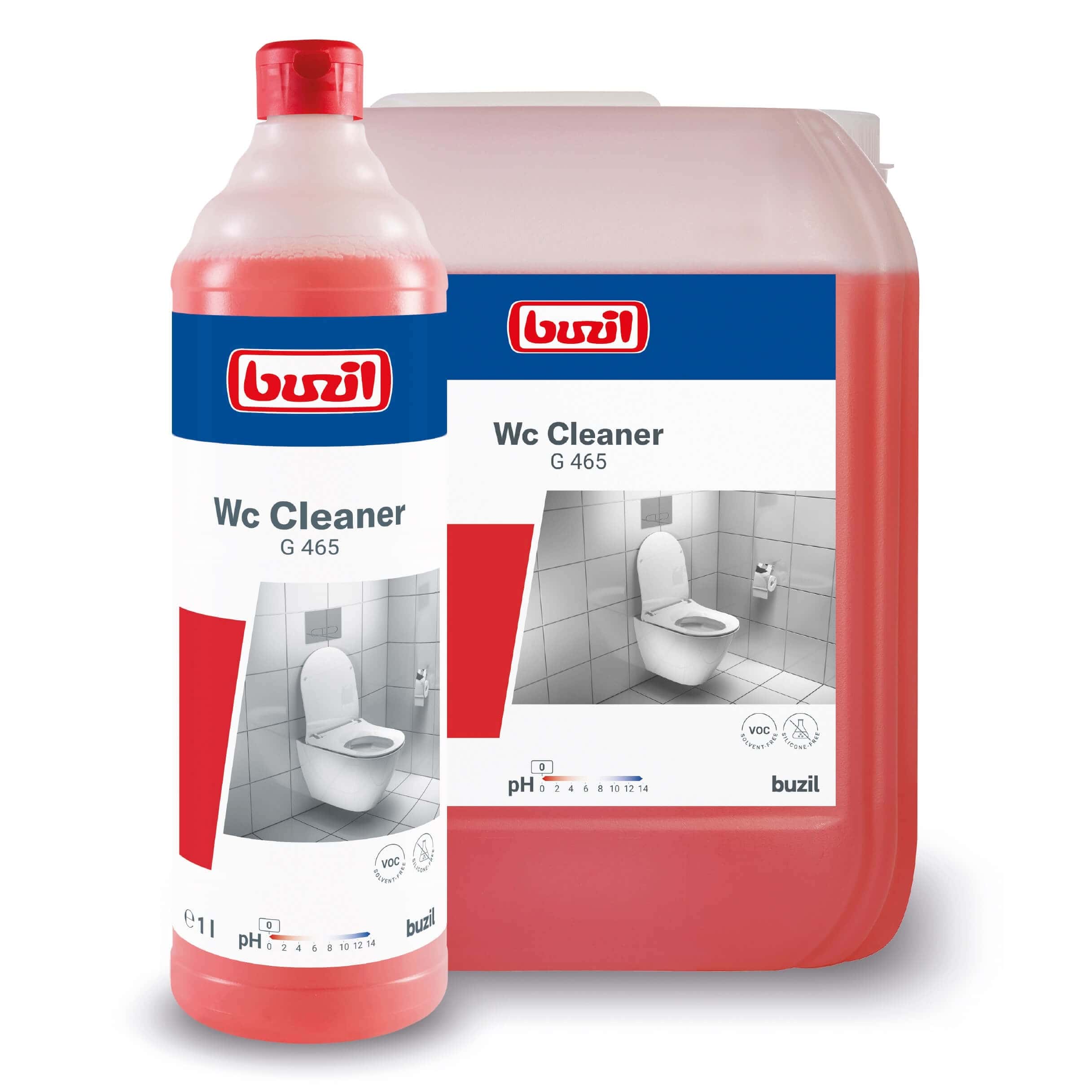 Buzil WC-Reiniger G 465 Sanitärreiniger Buzil WC-Reiniger G 465 WC-Reiniger in roter Flasche und Kanister für professionelle Sanitärreinigungsaufgaben