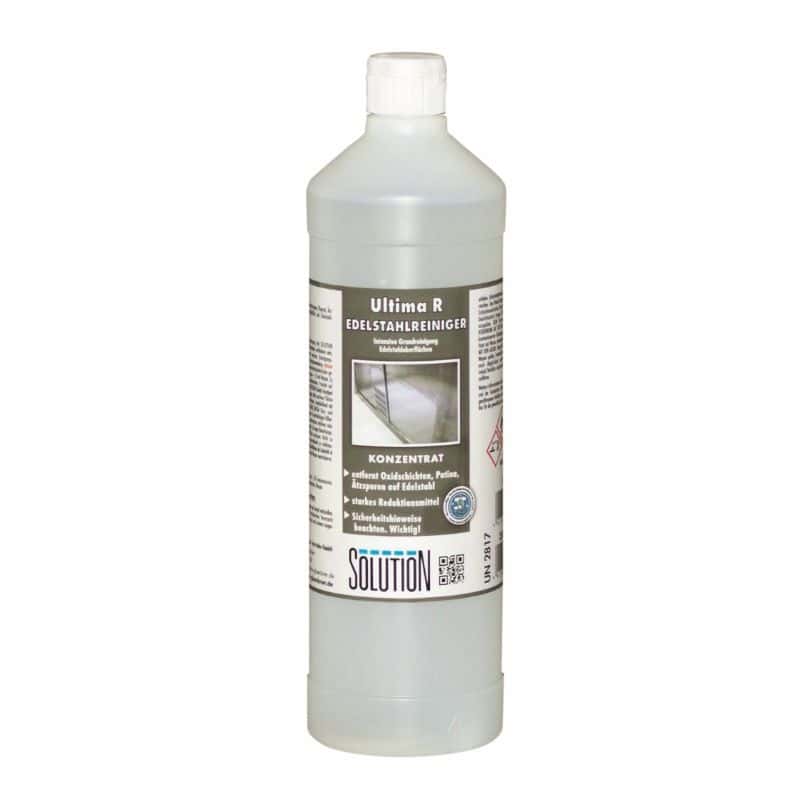 Edelstahlreiniger Ultima R im Konzentrat in einer transparenten Flasche für die Reinigung von Edelstahloberflächen Edelstahlreiniger Ultima R im Konzentrat in einer transparenten Flasche für die Reinigung von Edelstahloberflächen