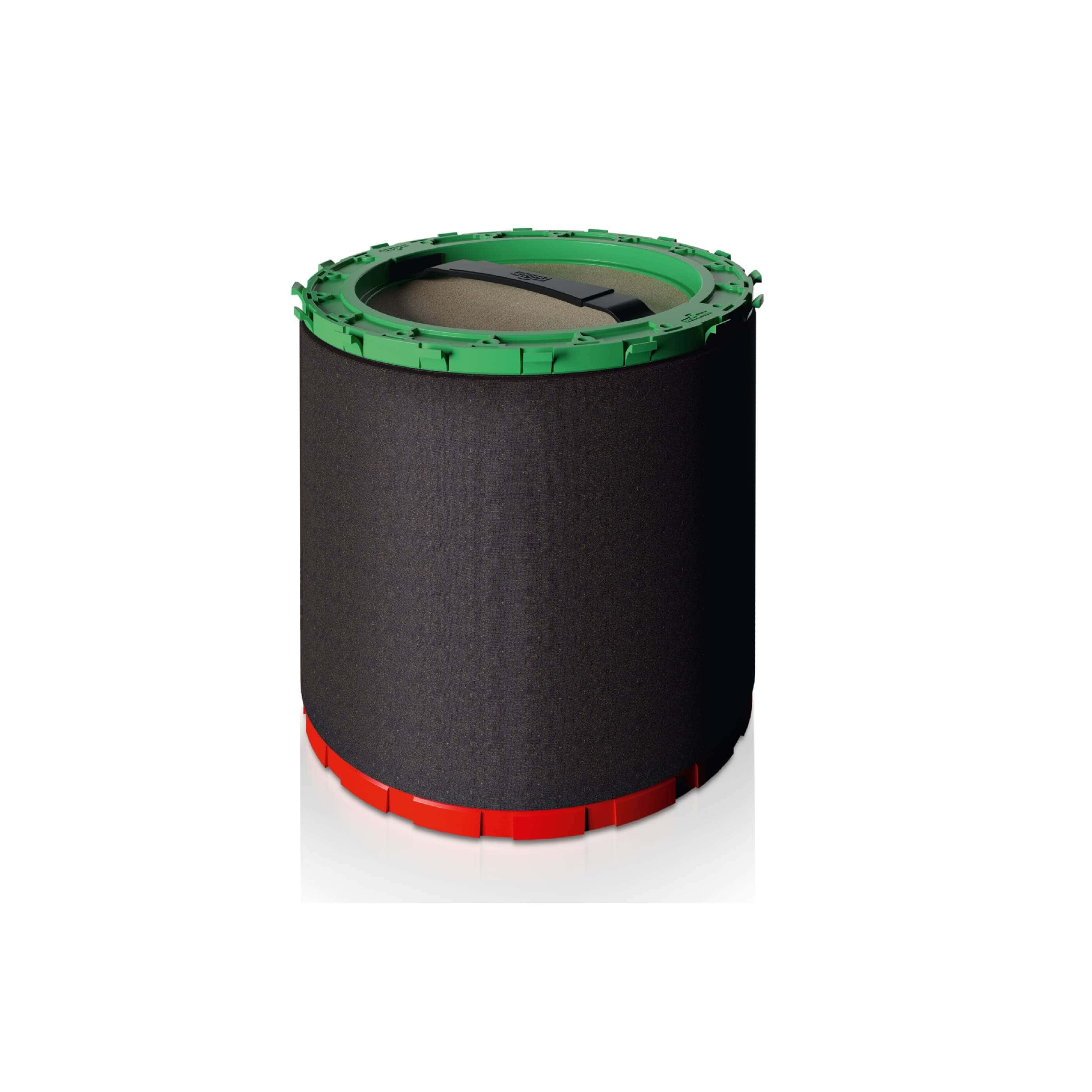 Zylindrischer Staubsaugerfilter Zylindrischer Staubsaugerfilter mit schwarzem Schaumstoffkörper, grünem Oberring und rotem Boden für professionelle Reinigungsgeräte