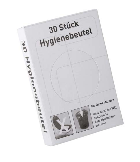 Weißer Karton mit 30 Hygienebeuteln mit bebilderter Entsorgungsanleitung für Sanitärabfälle in Toiletten