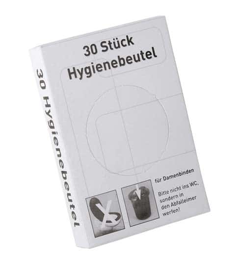 Hygienebeutel-Spenderbox Weißer Karton mit 30 Hygienebeuteln mit bebilderter Entsorgungsanleitung für Sanitärabfälle in Toiletten