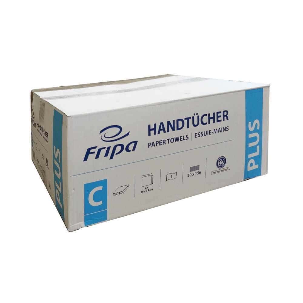 Fripa Papierhandtuchbox Fripa-Papierhandtuchkarton mit blauem Logo und Produktinformationen für professionelle Gebäudereinigungsprodukte