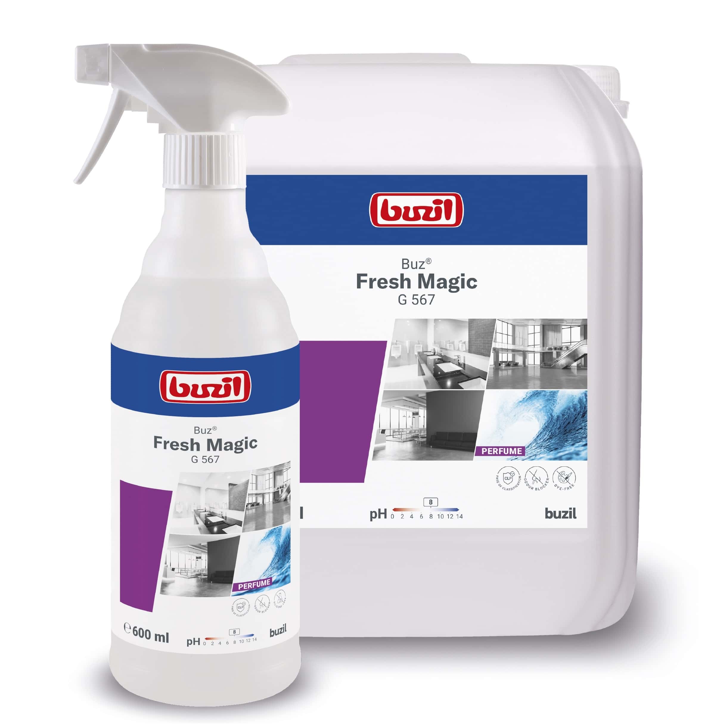 Buzil Fresh Magic G 567 Reinigungsmittel in weißer Sprühflasche und passendem Kanister für professionelle Reinigung Buzil Fresh Magic G 567 Reinigungsmittel in weißer Sprühflasche und passendem Kanister für professionelle Reinigung