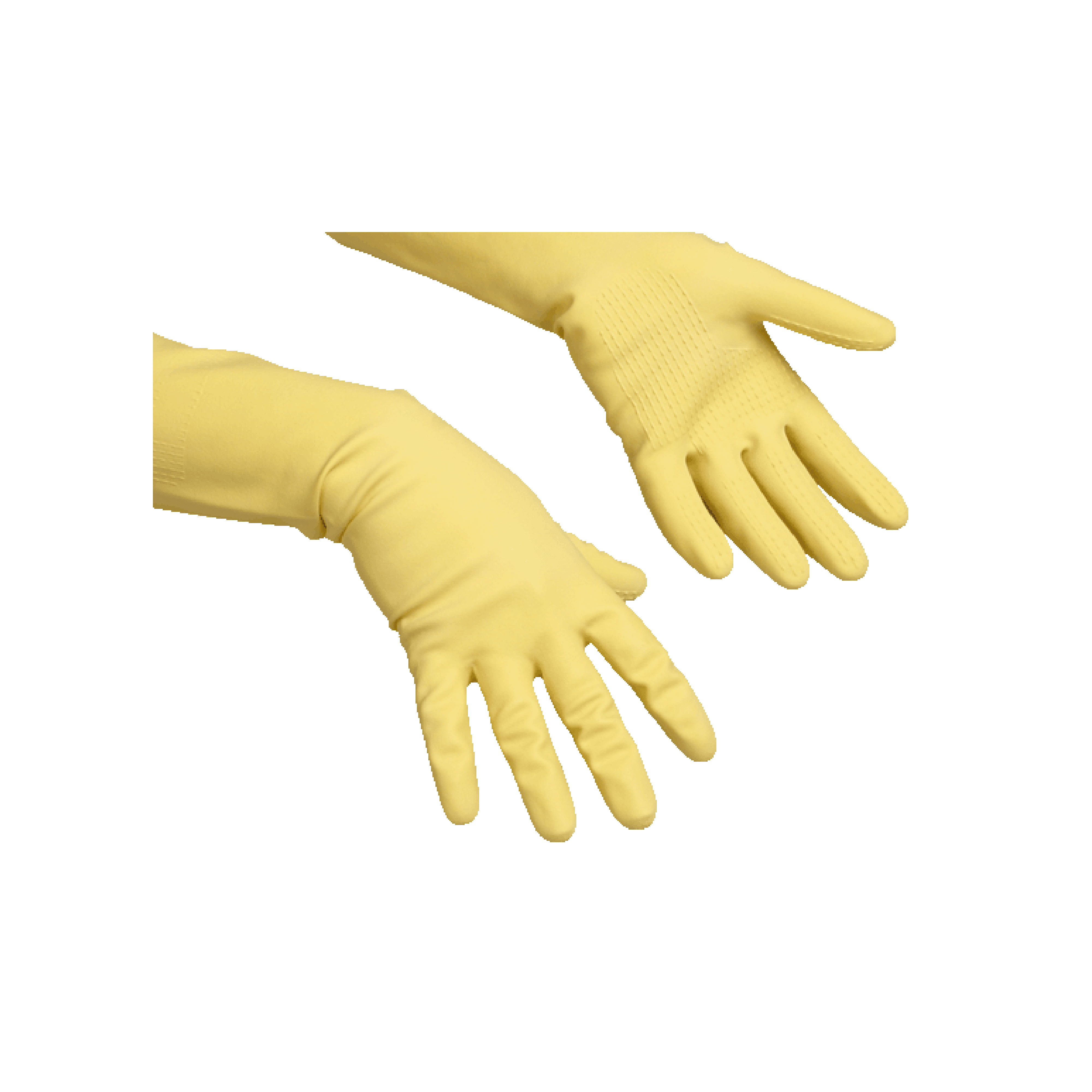 Gelbe Gummi-Reinigungshandschuhe Gelbe Gummi-Reinigungshandschuhe mit strukturiertem Griff an den Handflächen