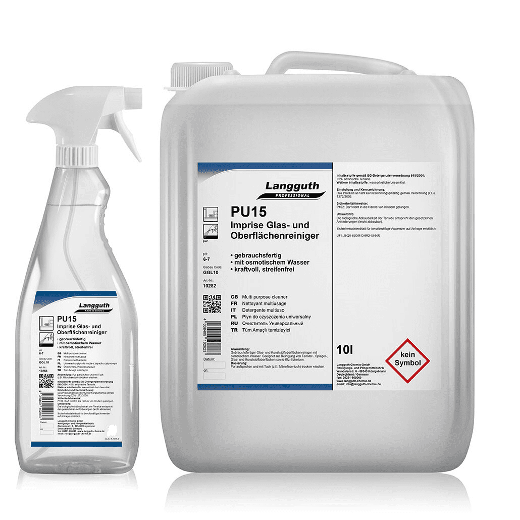Langguth PU15 Glas- und Oberflächenreiniger-Set Langguth PU15 Glas- und Flächenreiniger im 10-Liter-Kanister und einer Sprühflasche für die professionelle Gebäudereinigung