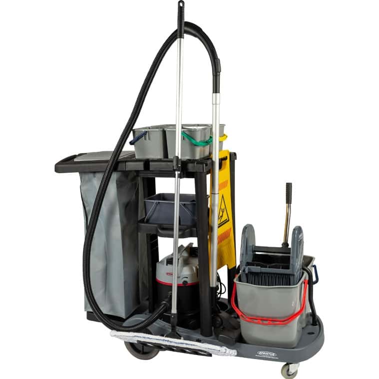 Sprintus Reinigungswagen mit Zubehör Sprintus-Reinigungswagen mit Eimer, Mopp und Staubsaugerschlauch.