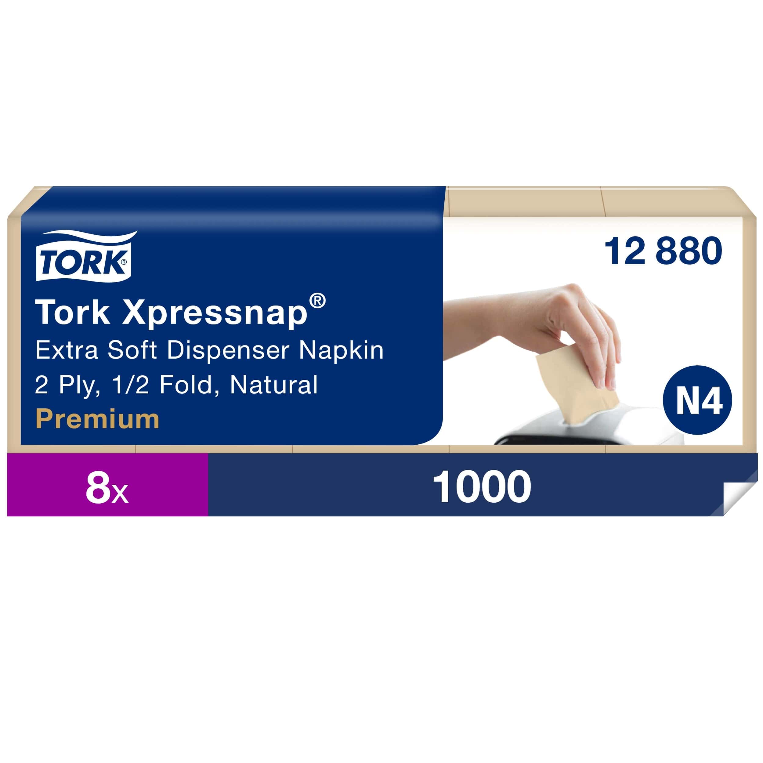 Tork Xpressnap Extra weiche Spenderserviette Tork Xpressnap Extra Soft Dispenser Serviettenverpackung mit Hand, die nach der Serviette greift