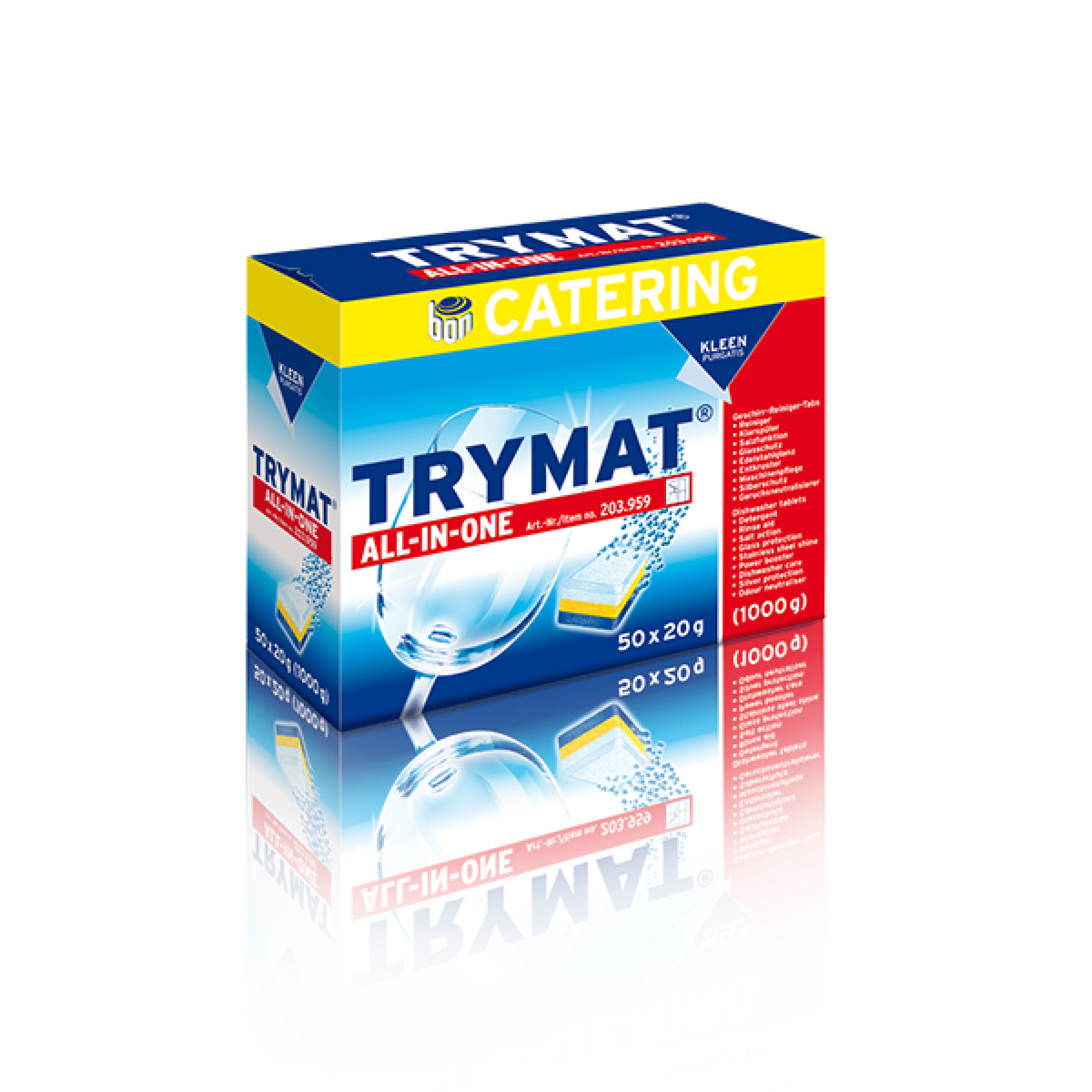 Trymat All-in-One-Geschirrspültabs Trymat All in One Catering-Spülmaschinentabletten von Kleen Purgatis in einer blauen Box mit fünfzig einzelnen Reinigungstabs