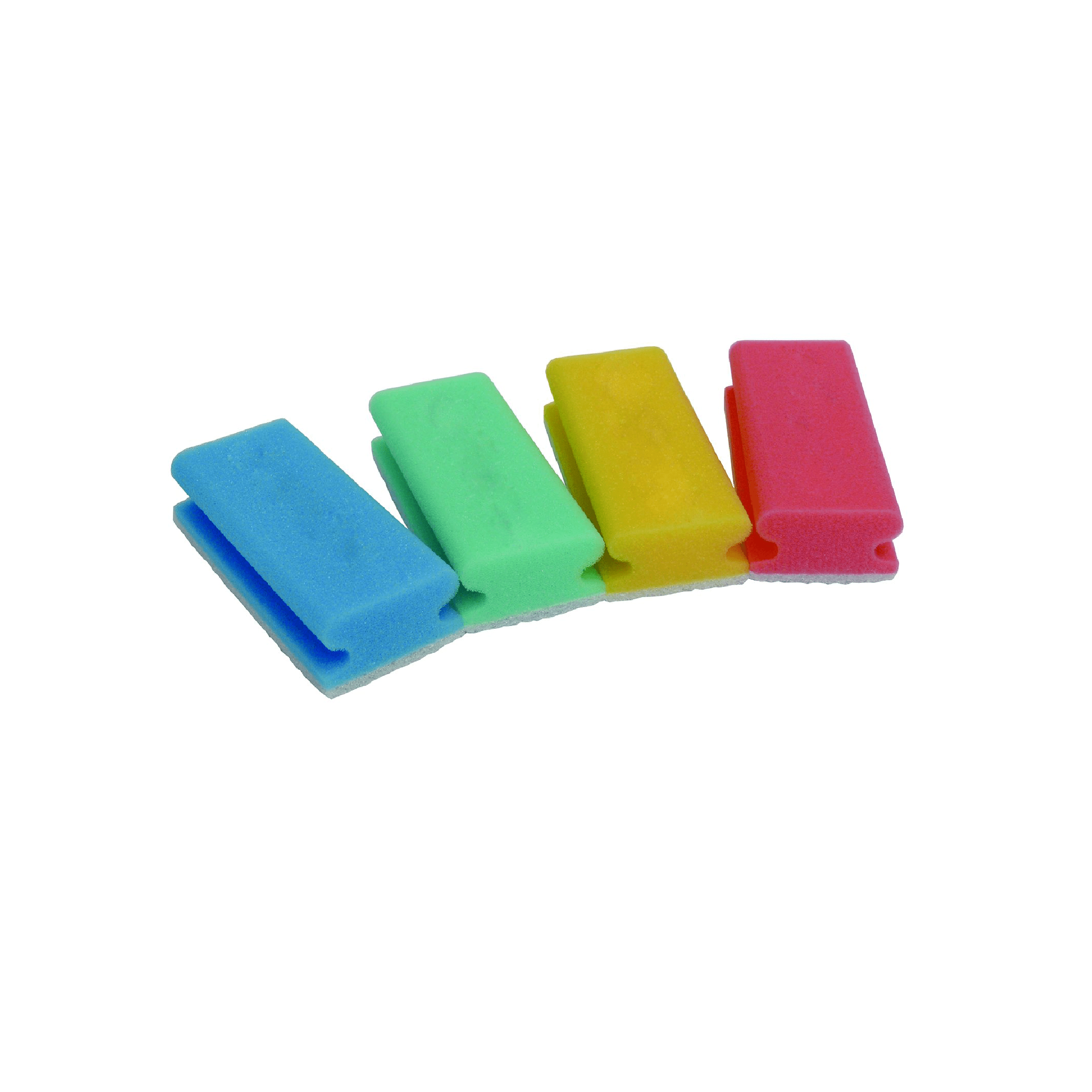 Buntes Reinigungsschwämme-Set Vier bunte Reinigungsschwämme in Blau, Grün, Gelb und Rot.