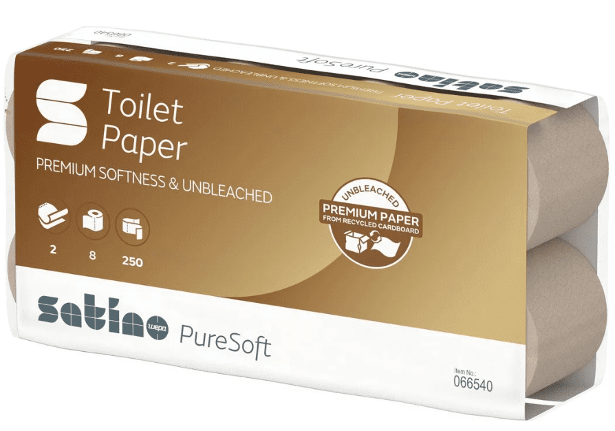 Satino PureSoft Toilettenpapier aus recyceltem Karton in einer Verpackung mit zwei Rollen Satino PureSoft Toilettenpapier aus recyceltem Karton in einer Verpackung mit zwei Rollen