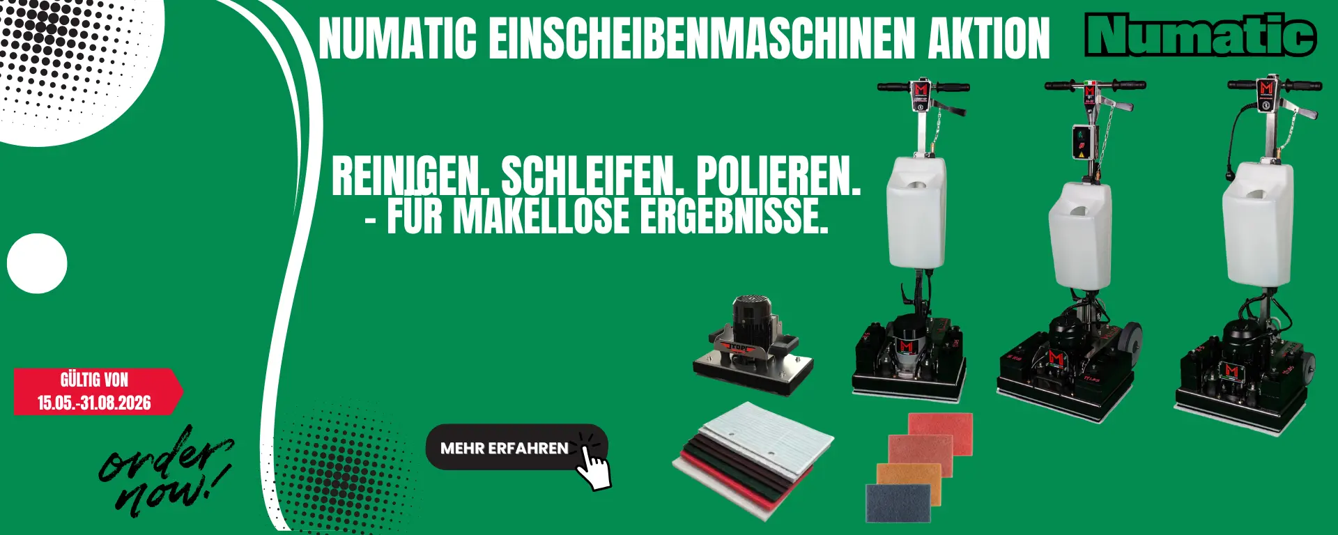 Numatic-Bodenreinigungsmaschinen mit verschiedenen Pads und Zubehör ausgestellt.