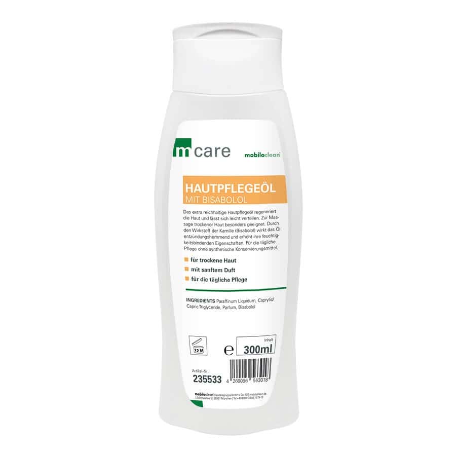 Mcare Hautpflegeöl 300 ml Mcare Hautpflegeöl in einer 300 ml weißen Flasche mit orangefarbenem Etikett zur täglichen Regeneration trockener Haut im professionellen Einsatz