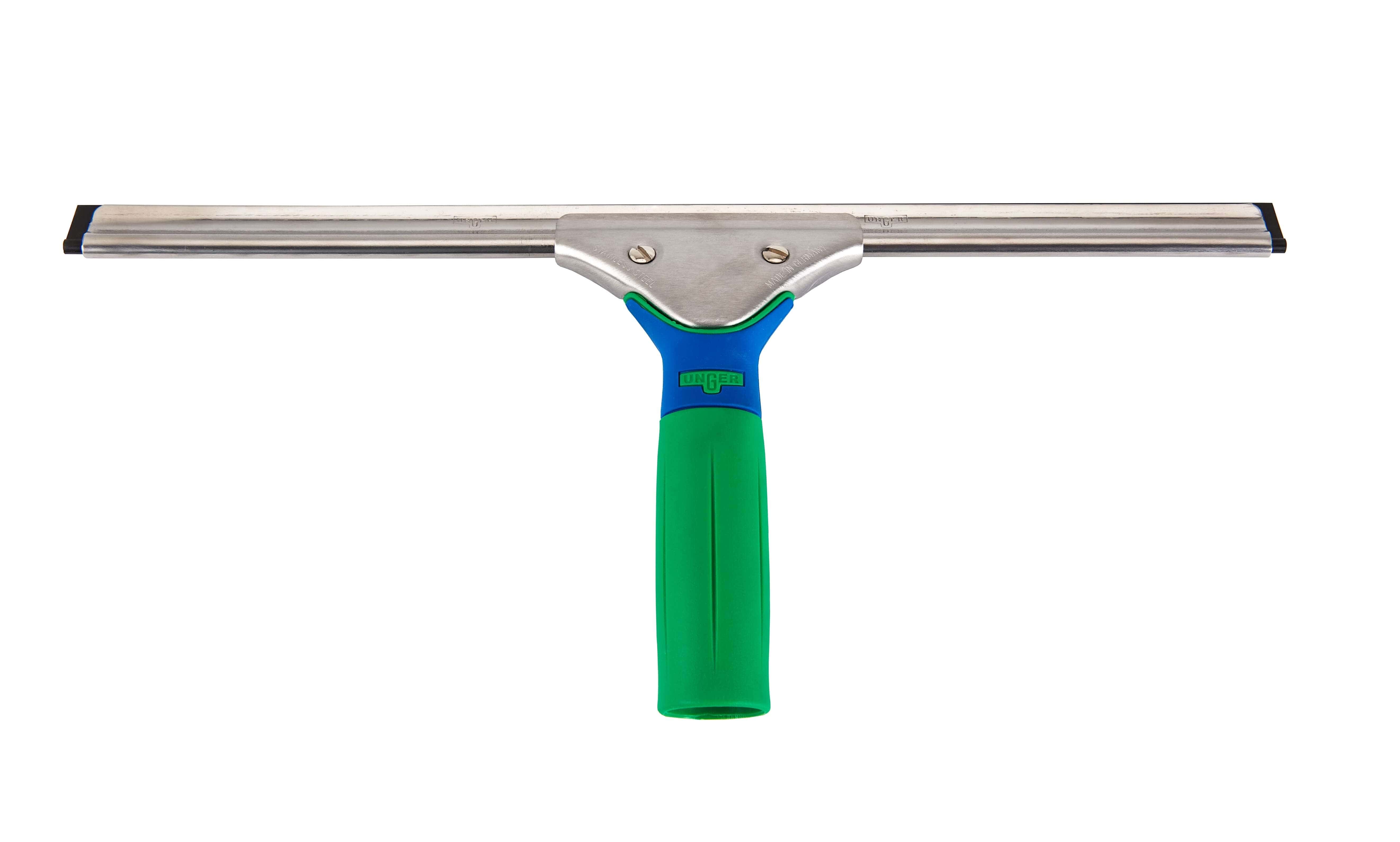 Unger Fensterabzieher mit grünem Griff Unger Fensterabzieher mit Edelstahlkanal und ergonomischem grünem Griff für professionelle Glasreinigungsaufgaben
