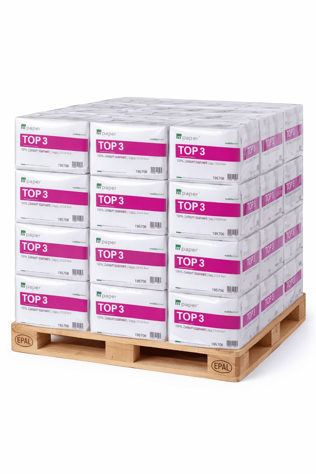 Palette mit gestapelten Packungen m-paper TOP 3 Zellstoff-Handtücher, weiß, für professionelle Hygienebereiche Palette mit gestapelten Packungen m-paper TOP 3 Zellstoff-Handtücher, weiß, für professionelle Hygienebereiche