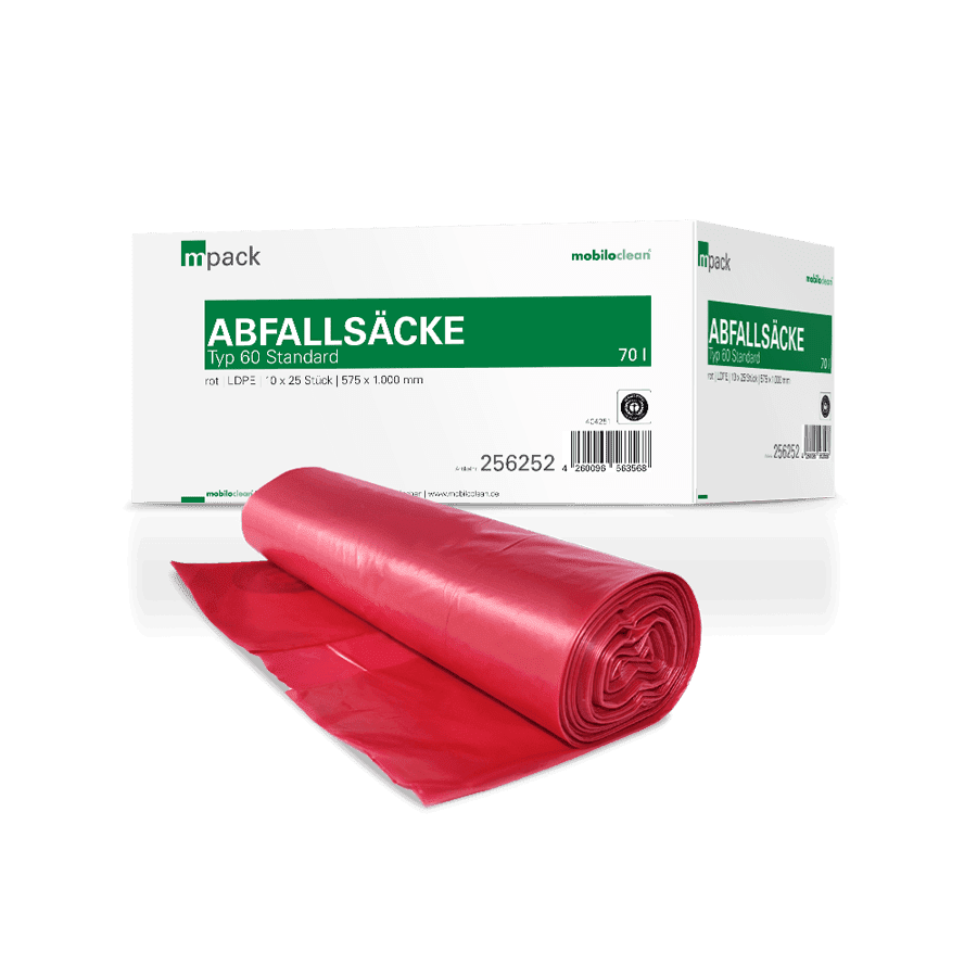 Mpack Mobiloclean Rote Müllbeutel 70 Liter Rote Müllbeutel in Rolle von Mpack Mobiloclean mit 70 Liter Fassungsvermögen und Standard-LDPE-Material zur Müllentsorgung