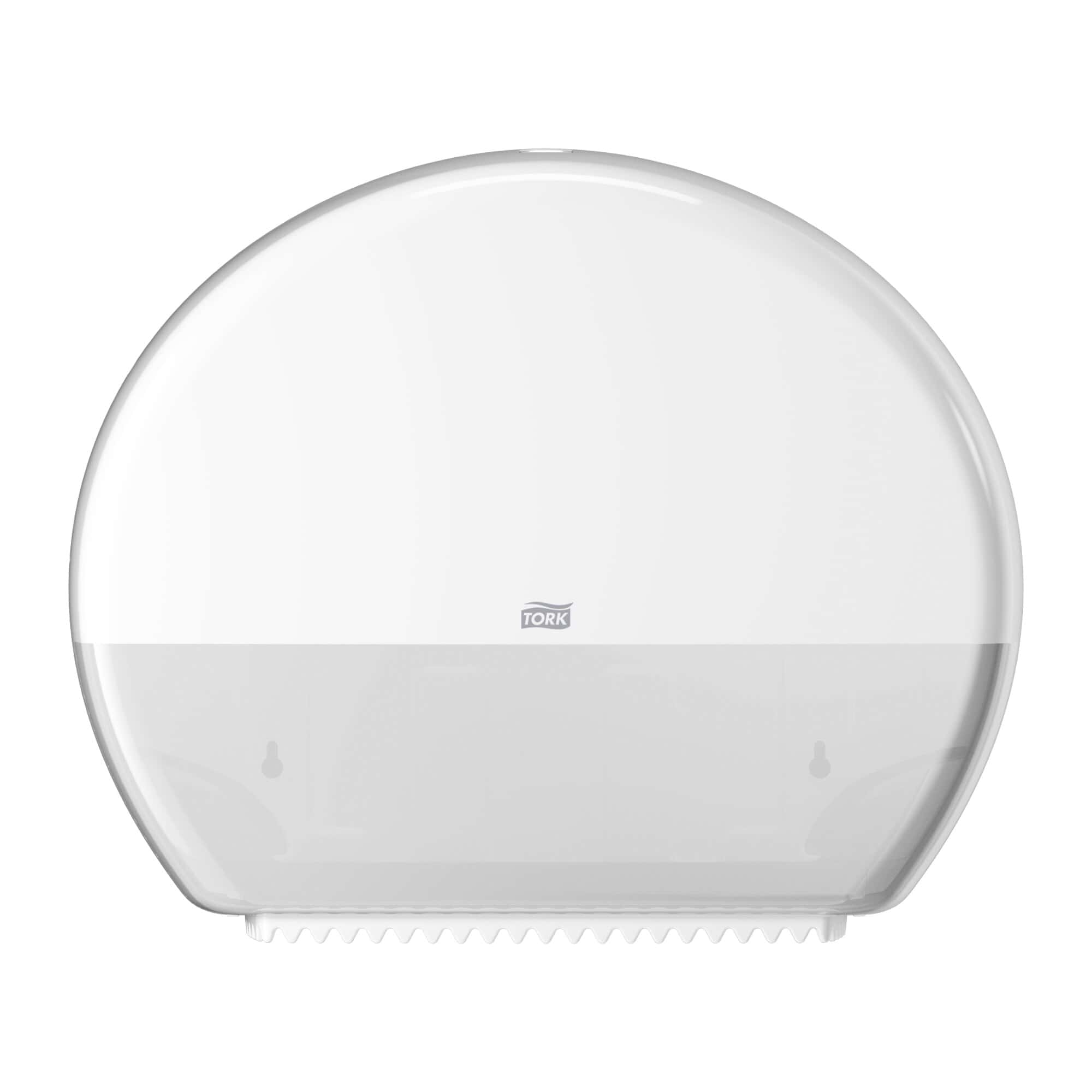 Tork Jumbo-Toilettenpapierspender Tork Jumbo Toilettenpapierspender in Weiß, Vorderansicht mit sichtbarem Logo.