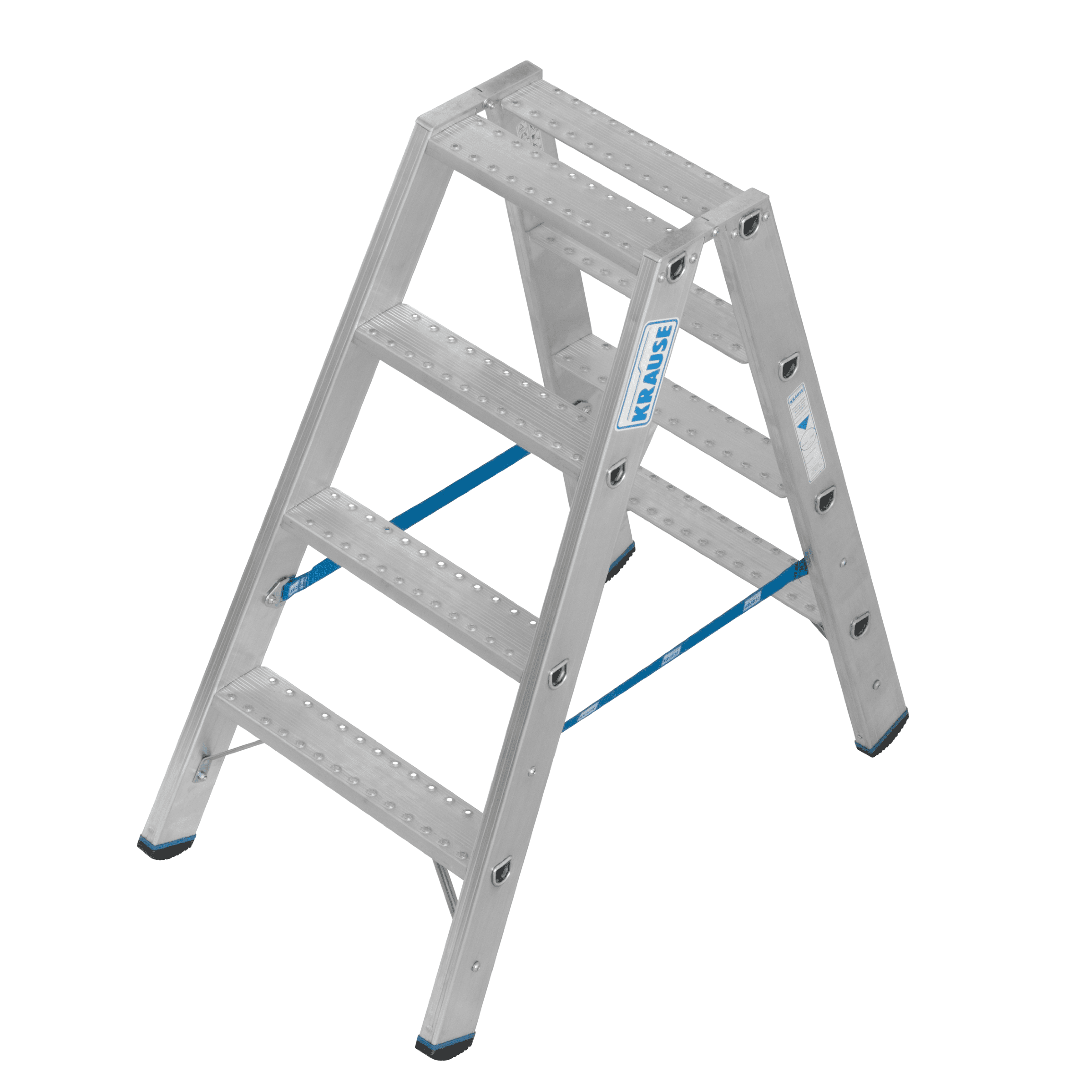 Krause Doppel-Trittleiter aus Aluminium Doppelseitige Trittleiter aus Aluminium von Krause mit vier Stufen und blauen Sicherheitsgurten für die professionelle Industriewartung