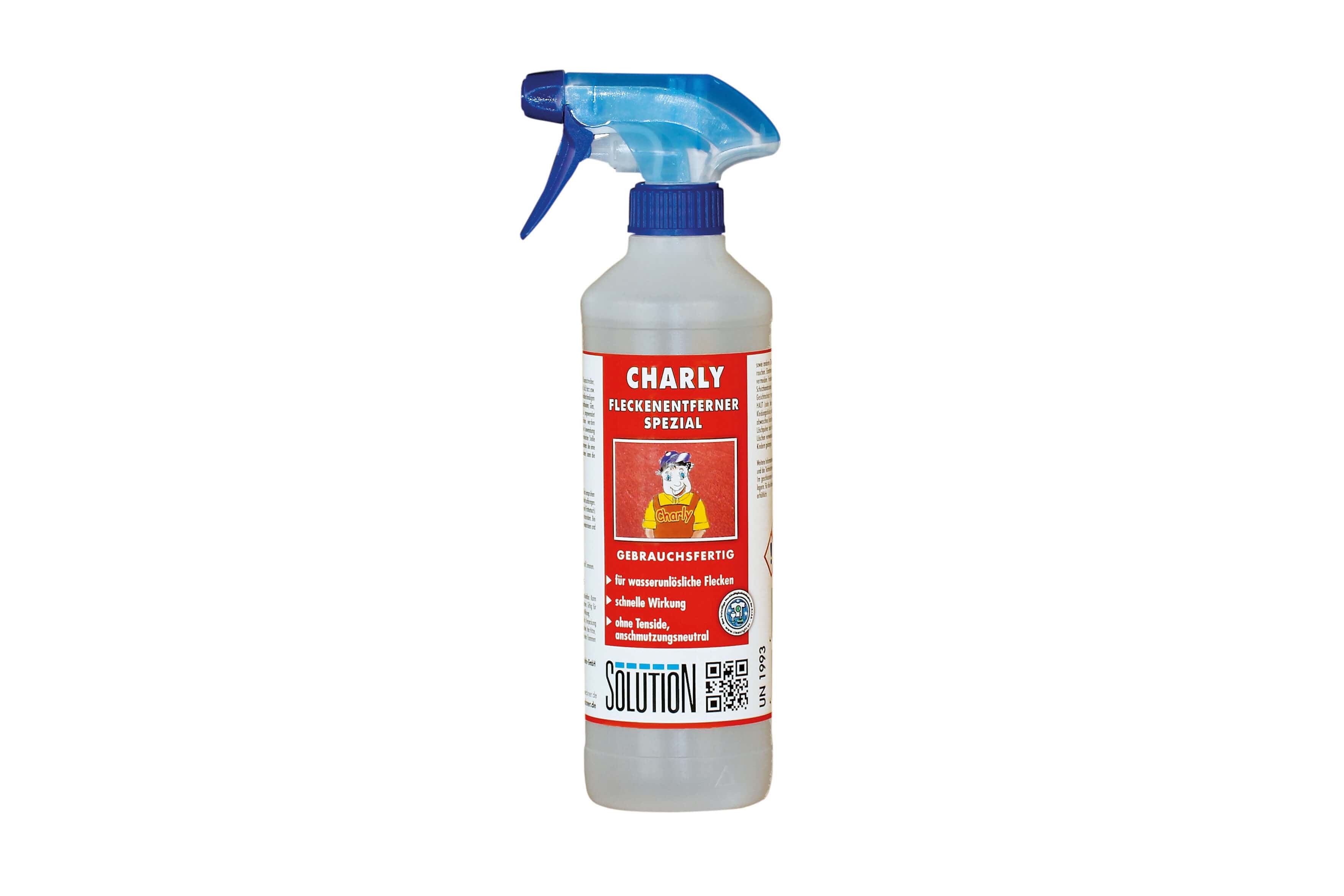 LÖSUNG CHARLY Fleckenentferner Spray SOLUTION CHARLY Fleckenentferner SPEZIAL in Sprühflasche mit sichtbarem Etikett und blauer Sprühdüse.