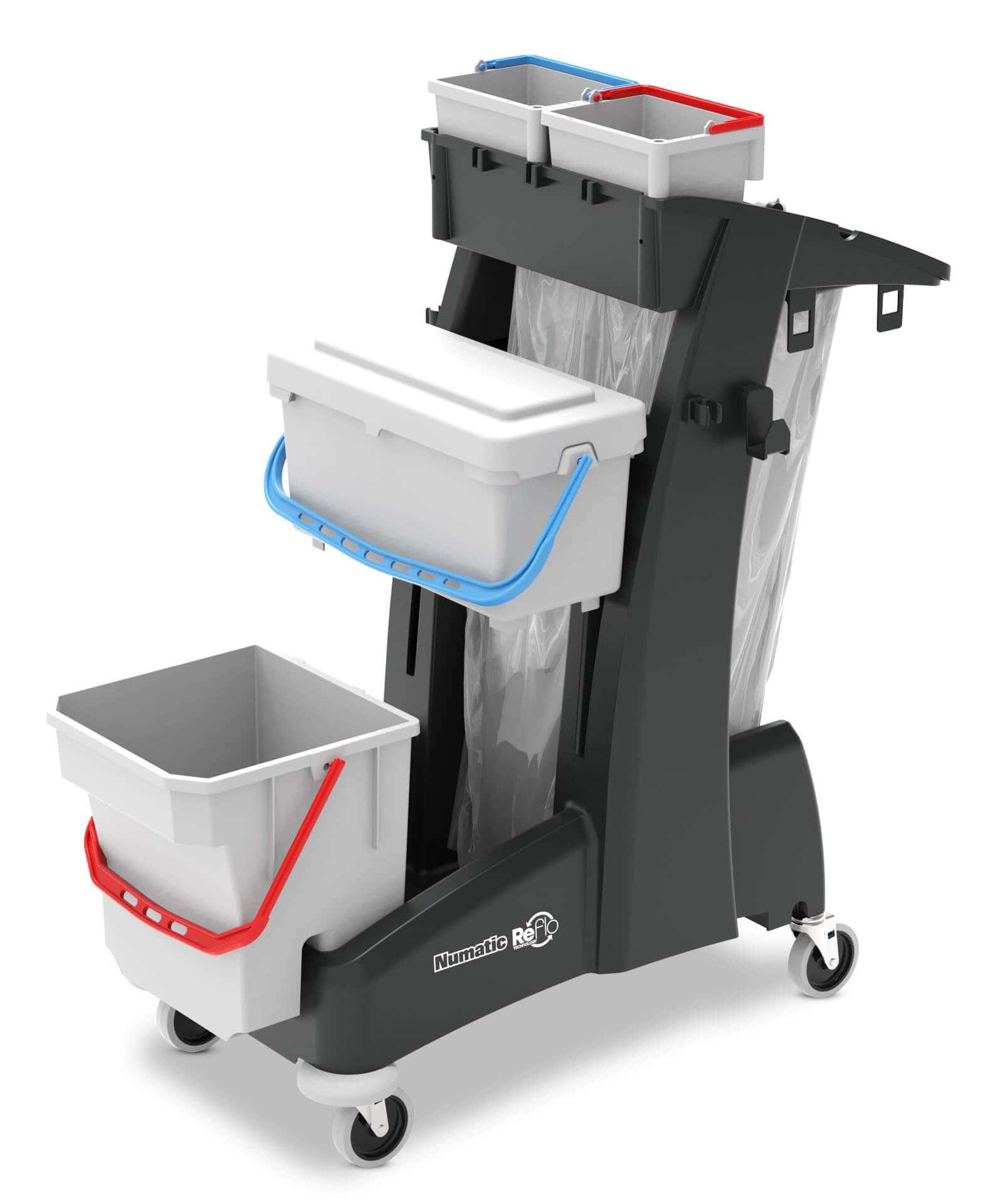 Numatic Reinigungswagen Numatic-Reinigungswagen mit schwarzem Rahmen, mehreren grauen Eimern und Abfallbeutelhalter für die professionelle Gebäudereinigung