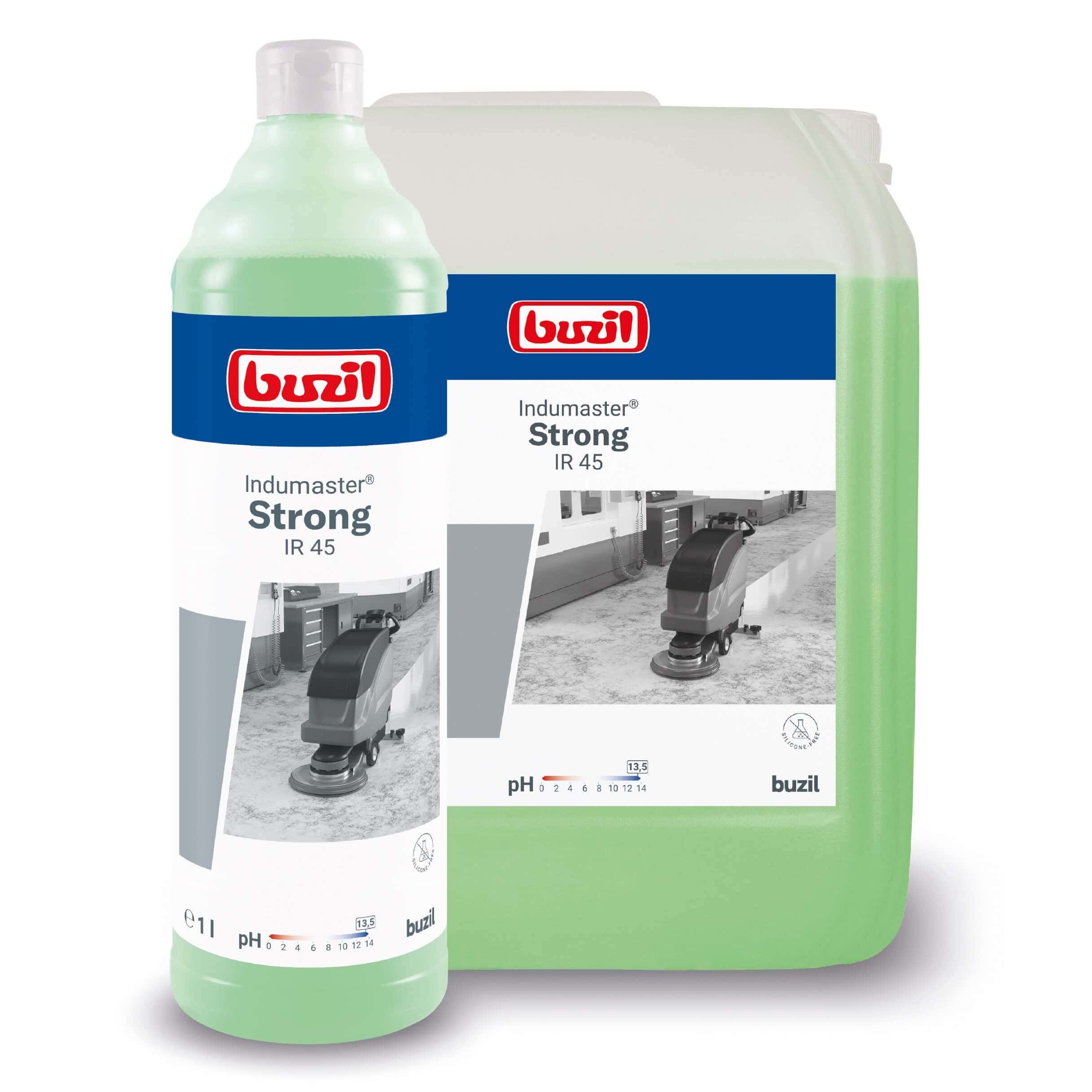 Buzil Indumaster Strong IR 45 Industriereiniger Buzil Indumaster Strong IR 45 Industriereiniger in Flasche und Kanister für die professionelle Bodenreinigung in der Industrie