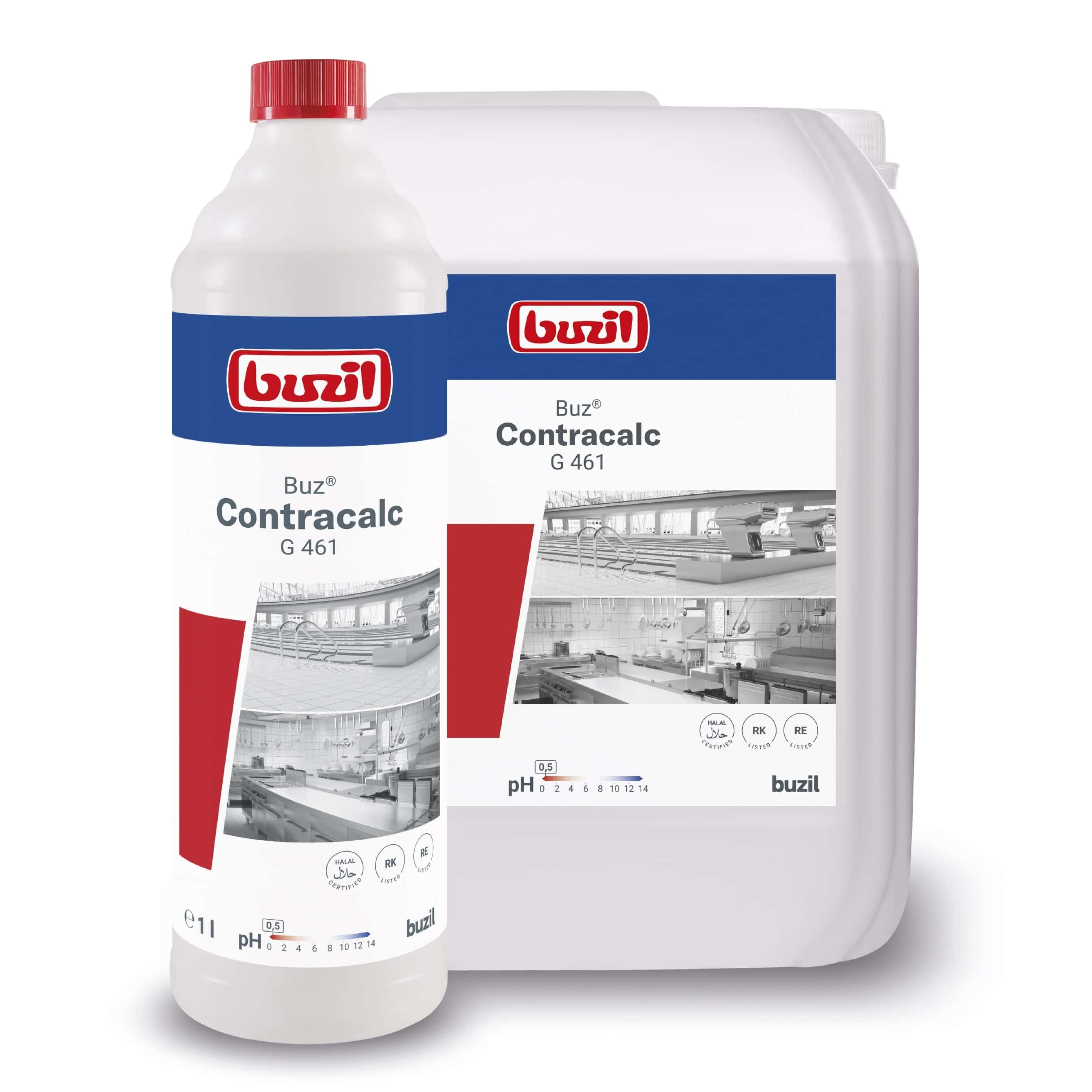 Buzil Contracalc G 461 Reinigungsprodukt Buzil Contracalc G 461 in Flasche und Kanister mit Etiketten