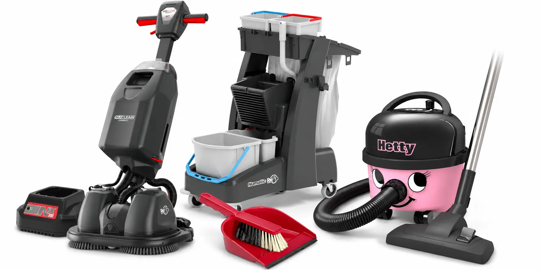 Numatic-Bodenschrubber, Reinigungswagen und Hetty-Staubsauger mit Kehrschaufel und Bürste