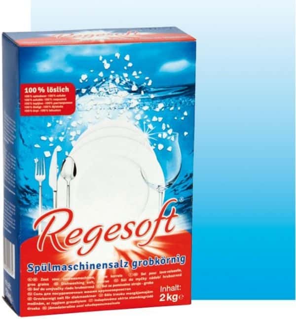 Regesoft Spülmaschinensalz grobkörnig in blauer Kartonverpackung mit Geschirrbild, 2 kg Inhalt, für Spülmaschinen Regesoft Spülmaschinensalz grobkörnig in blauer Kartonverpackung mit Geschirrbild, 2 kg Inhalt, für Spülmaschinen