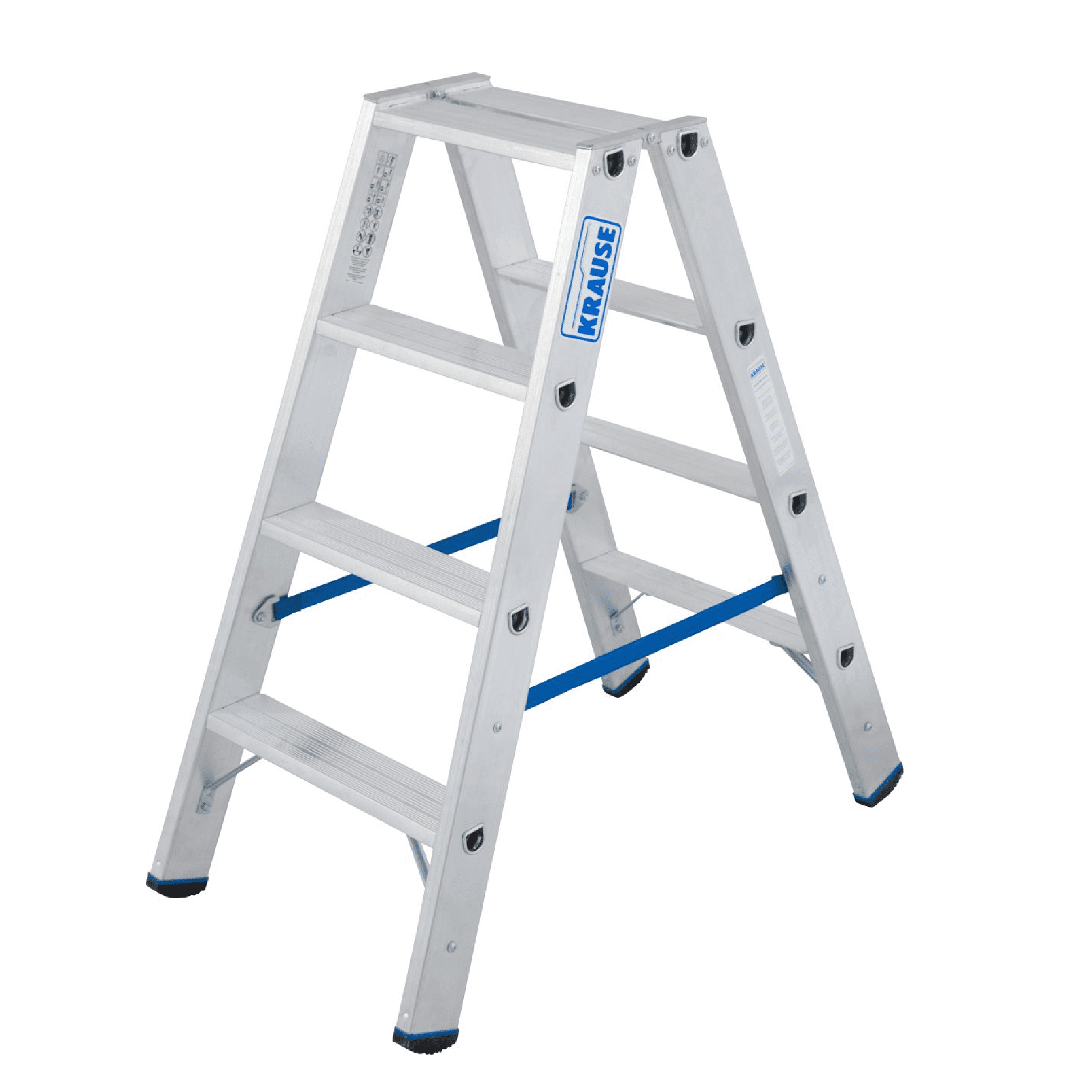 Krause Aluminium-Klappleiter mit vier Stufen und blauen Stabilisierungsstreben für den professionellen Einsatz Krause Aluminium-Klappleiter mit vier Stufen und blauen Stabilisierungsstreben für den professionellen Einsatz
