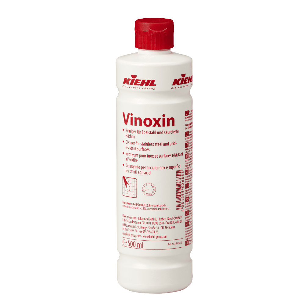 Kiehl Vinoxin Edelstahlreiniger 500 ml Kiehl Vinoxin Edelstahlreiniger in der 500-ml-Flasche mit rotem Verschluss für die professionelle Oberflächenreinigung