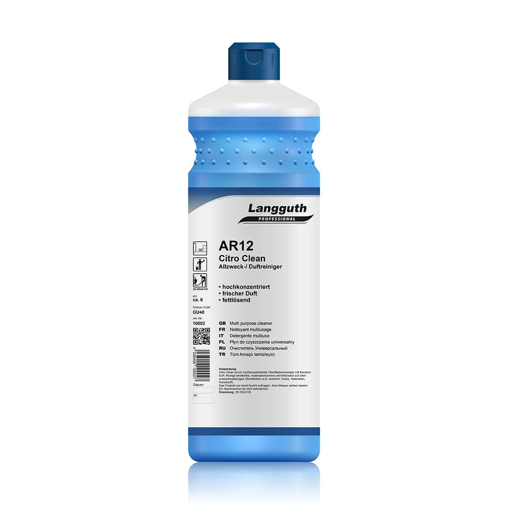 Languth Professional AR12 Citro Clean Allzweckreiniger Konzentrat in blauer Flasche mit weißem Etikett für Gebäudereinigung Languth Professional AR12 Citro Clean Allzweckreiniger Konzentrat in blauer Flasche mit weißem Etikett für Gebäudereinigung