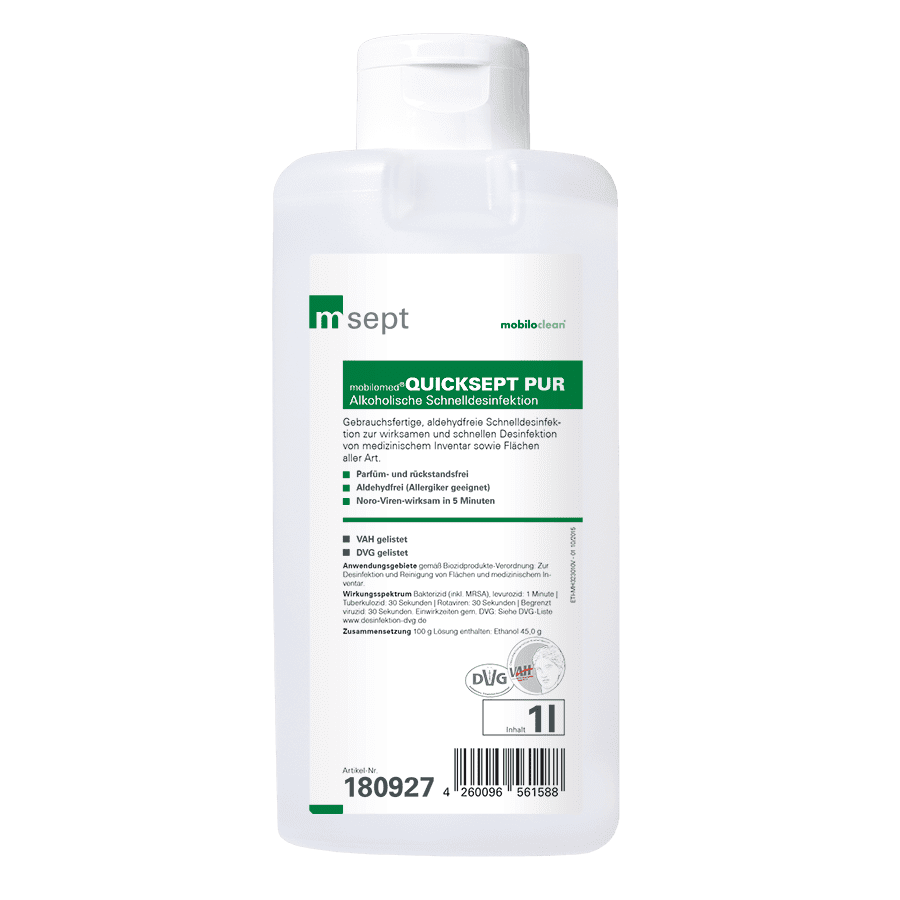 Mobilomed Quicksept Pur Desinfektionsmittel 1 Liter Mobilomed Quicksept Pur Desinfektionsmittel in der 1-Liter-Flasche zur professionellen Flächen- und medizinischen Inventardesinfektion