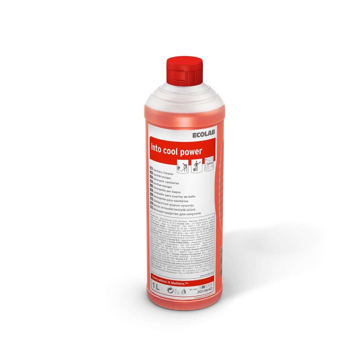 Ecolab Into Cool Power Cleaner-Flasche Ecolab Into Cool Power Reiniger in einer 1-Liter-Flasche mit rotem Verschluss.