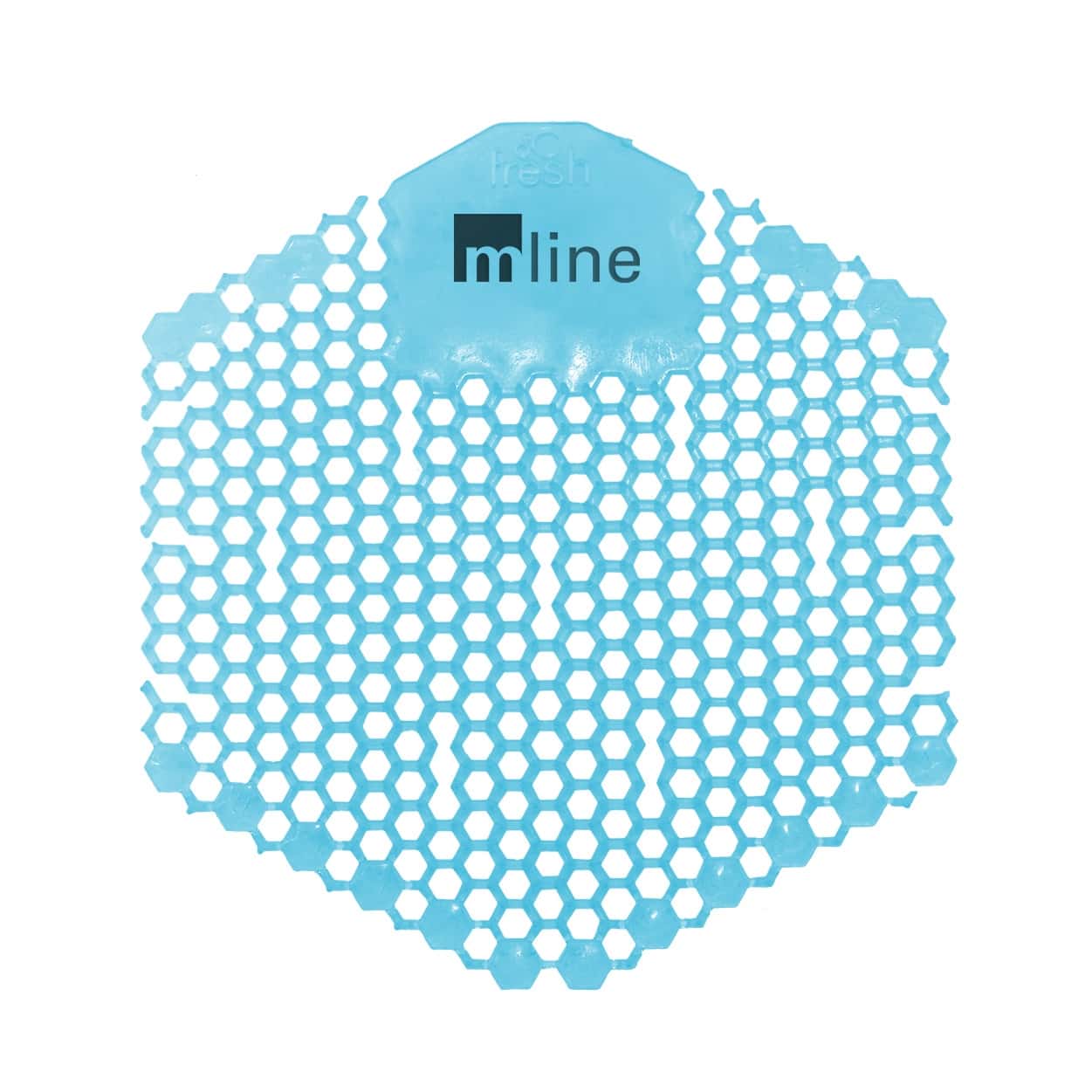 Blauer Urinalschirm mit sechseckigem Muster und „m line“-Logo für professionelle Waschraumhygiene Blauer Urinalschirm mit sechseckigem Muster und „m line“-Logo für professionelle Waschraumhygiene