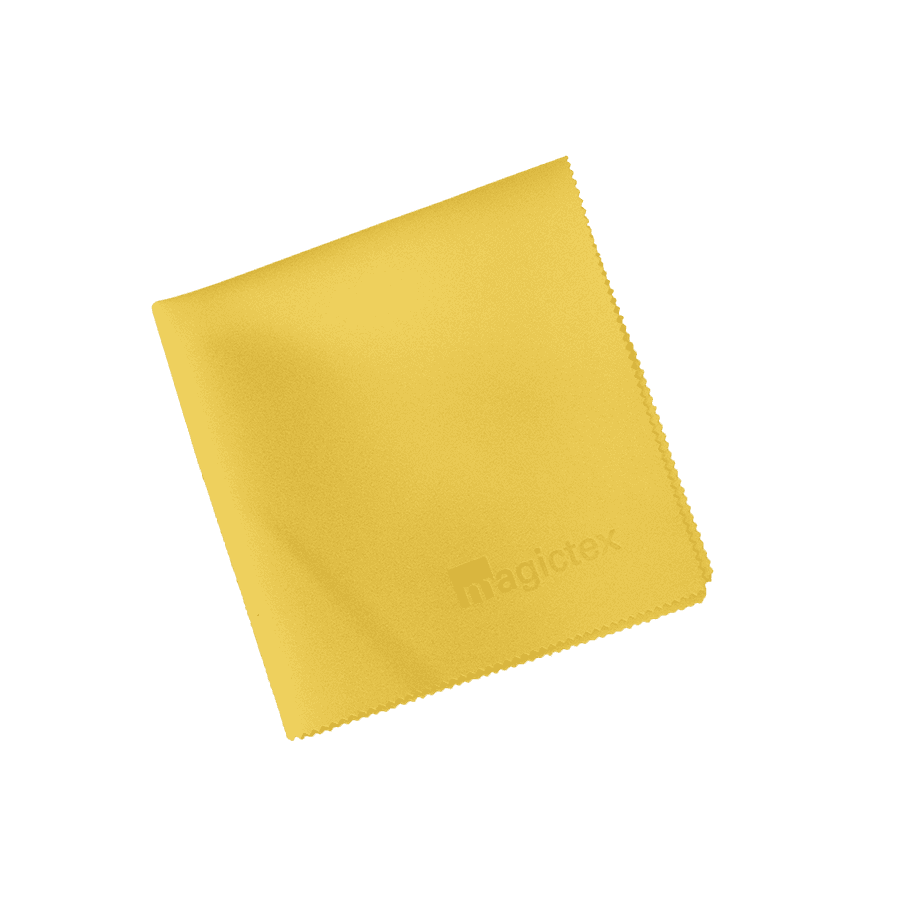 Gelbes Magictex Mikrofasertuch mit Zickzackrand, ideal für die streifenfreie Reinigung von Oberflächen und Glas. Gelbes Magictex Mikrofasertuch mit Zickzackrand, ideal für die streifenfreie Reinigung von Oberflächen und Glas.