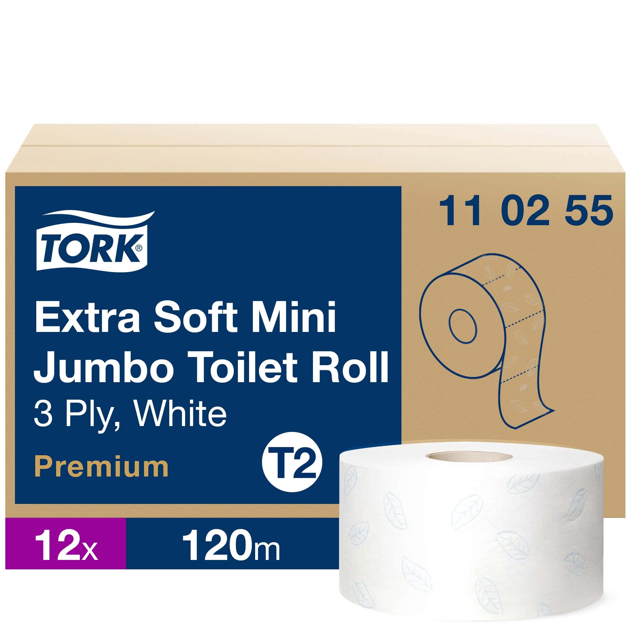 Extra weiche Mini-Jumbo-Toilettenpapierrolle von Tork Tork Extra Soft Mini Jumbo Toilettenpapierrolle 3-lagig in einer Pappschachtel mit 12 weißen Papierrollen für die Waschraumhygiene