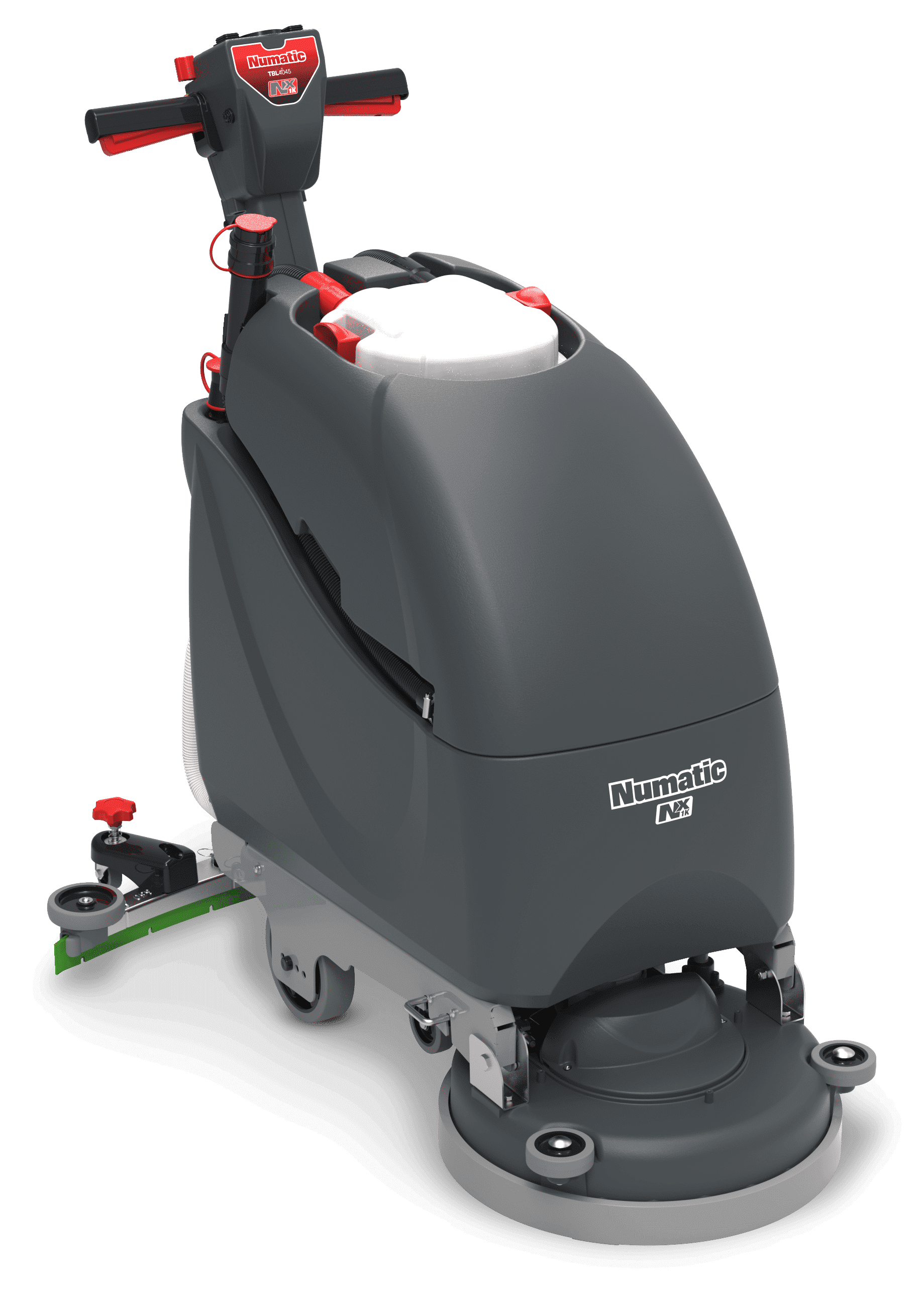 Numatic Scheuersaugmaschine mit Bürsteneinheit Numatic Scheuersaugmaschine mit Tank und Bürsteneinheit in grauer Farbe